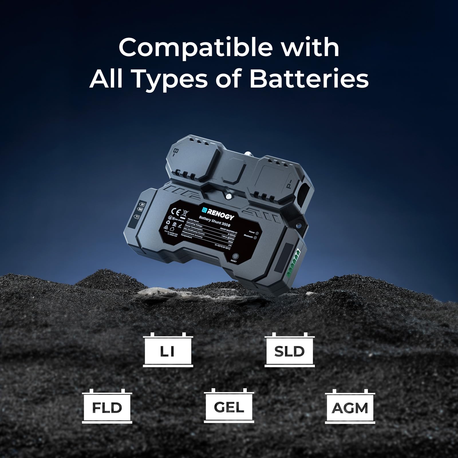 Renogy Battery Shunt 300 showing compatibility with multiple battery types for versatile setups.