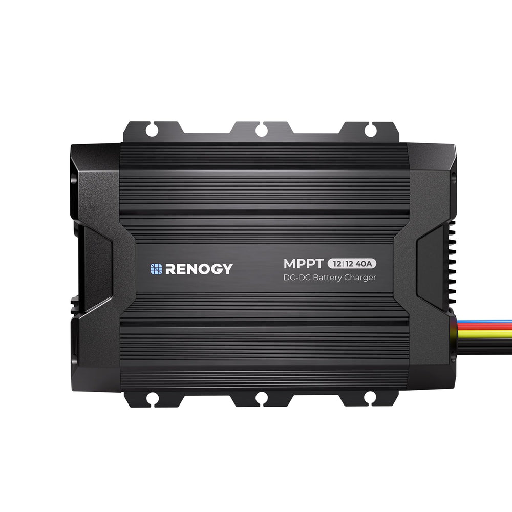Renogy DC-DC MPPT 40A front view, compact charger for on-the-go power.