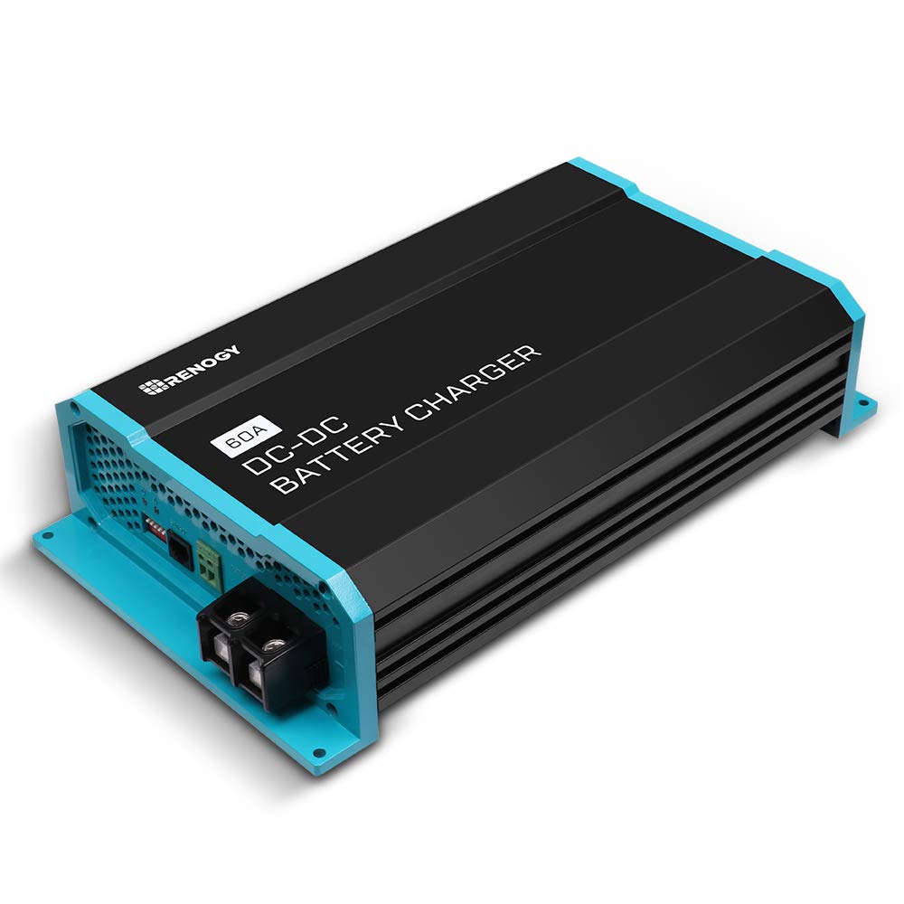 Renogy DCC12 side view showing 60A RV and boat charging capability