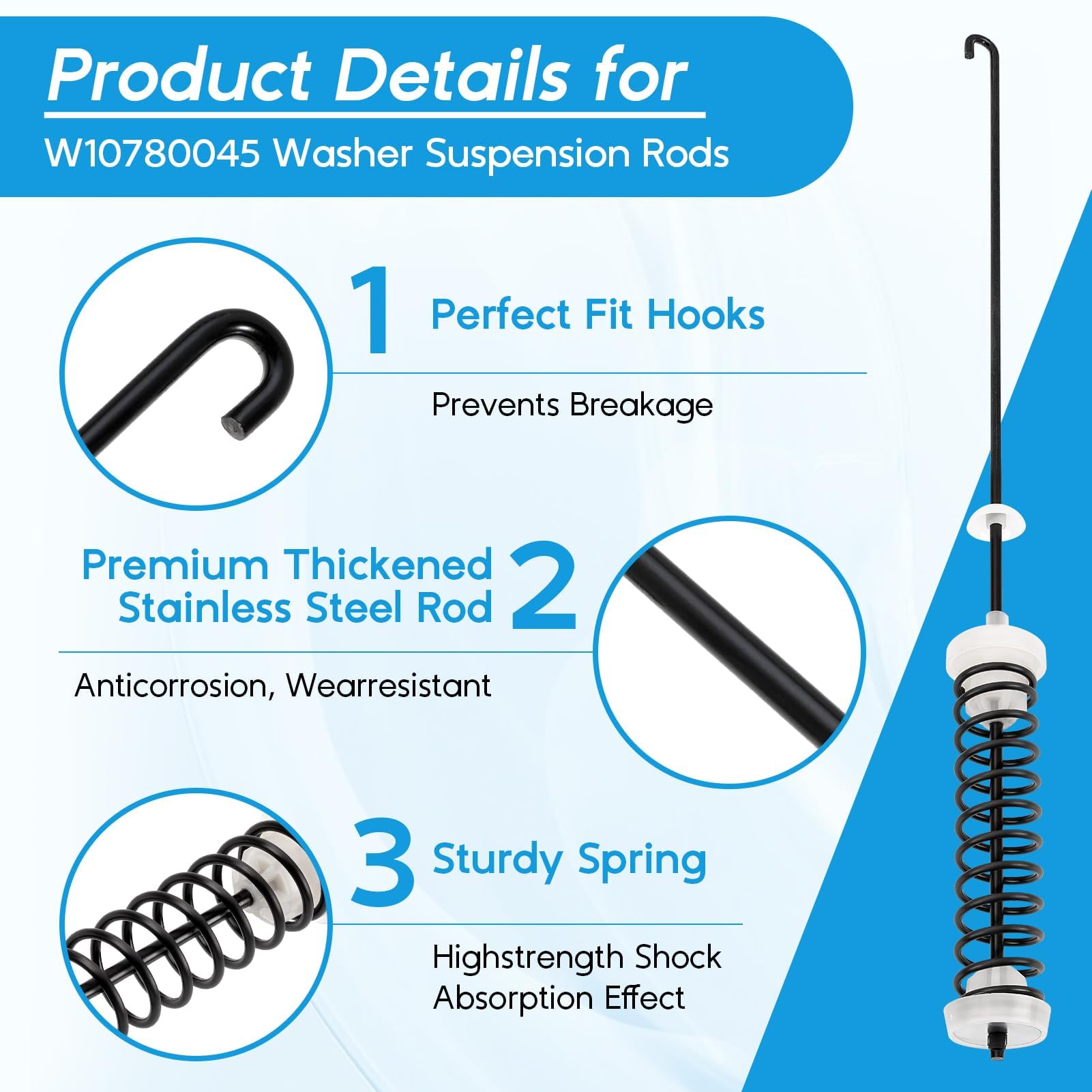 Replizo W10780045 suspension rod kit, top view, compact design for diverse models.