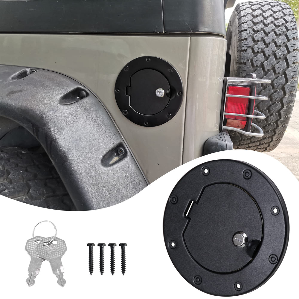 RERPRO locking gas cap cover on a Jeep Wrangler TJ front view highlighting the secure seal