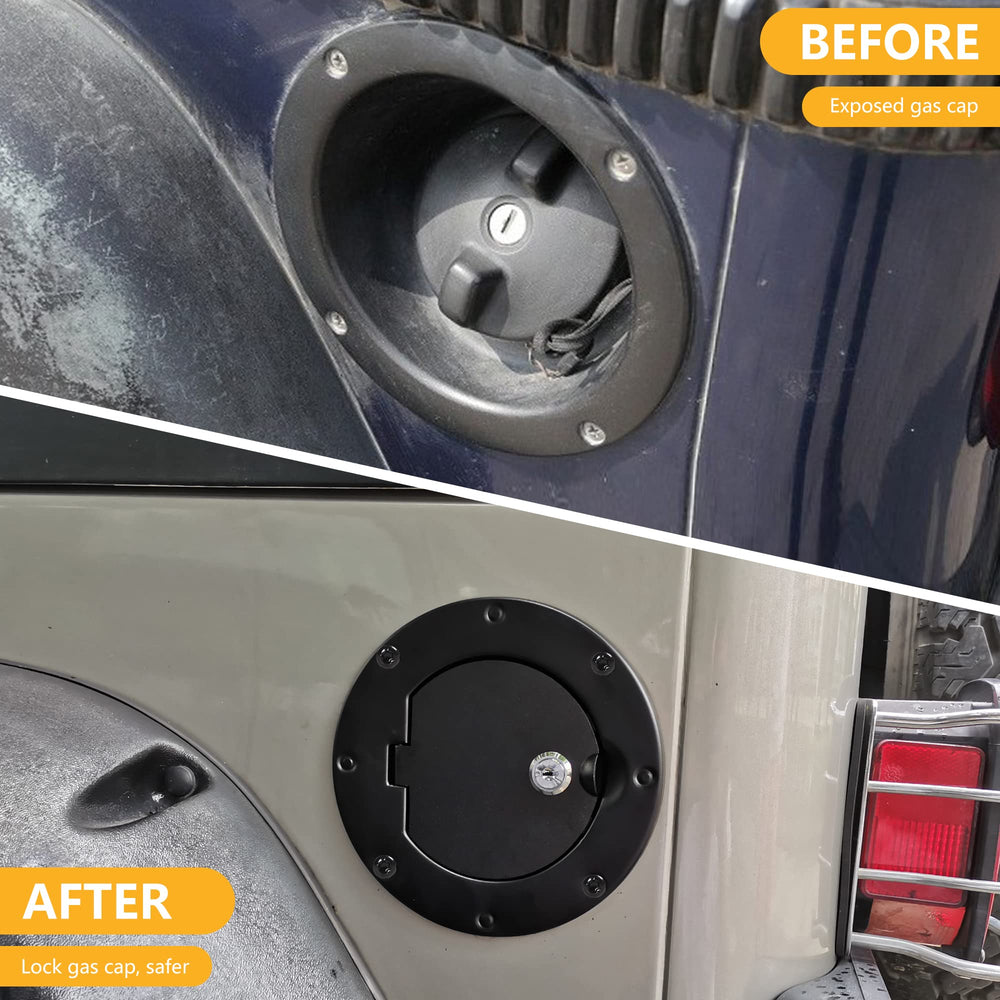 RERPRO locking gas cap cover close-up of the key lock mechanism on Jeep Wrangler TJ