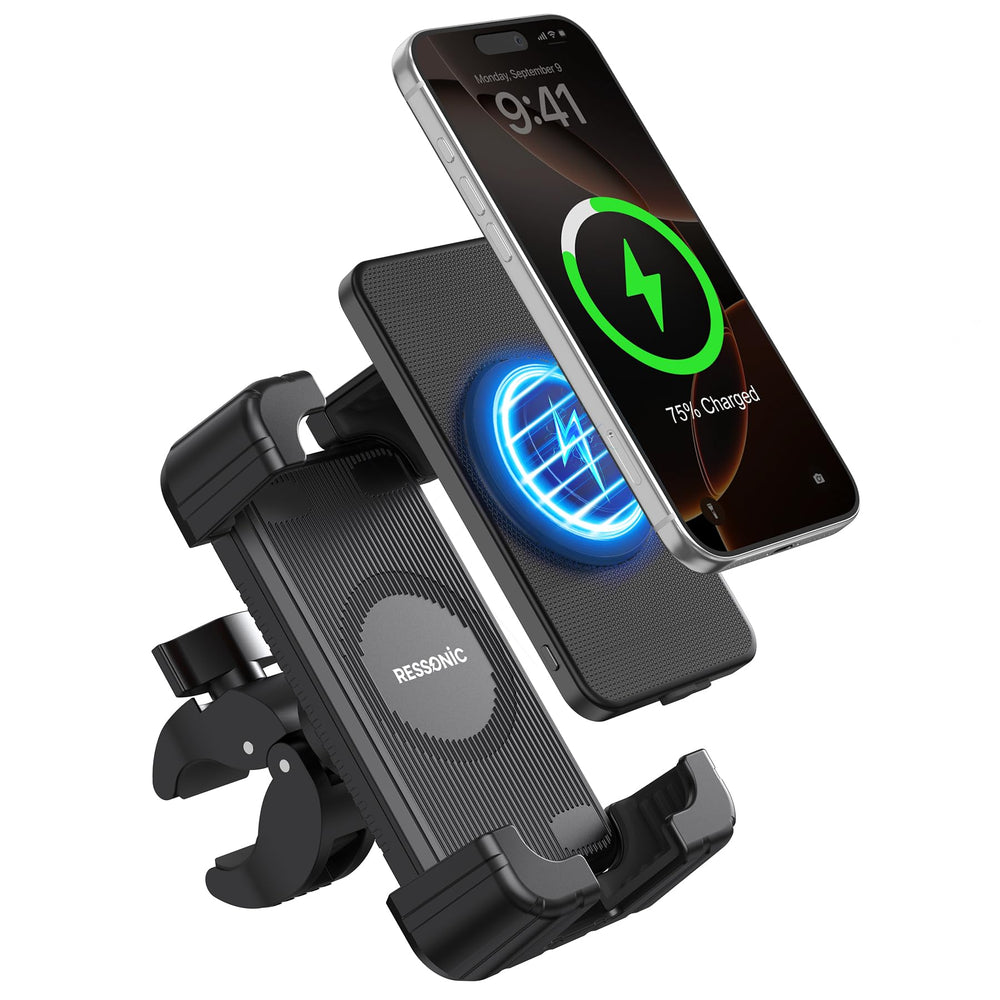 RESSONIC phone holder mounted on a bike for steady GPS navigation.