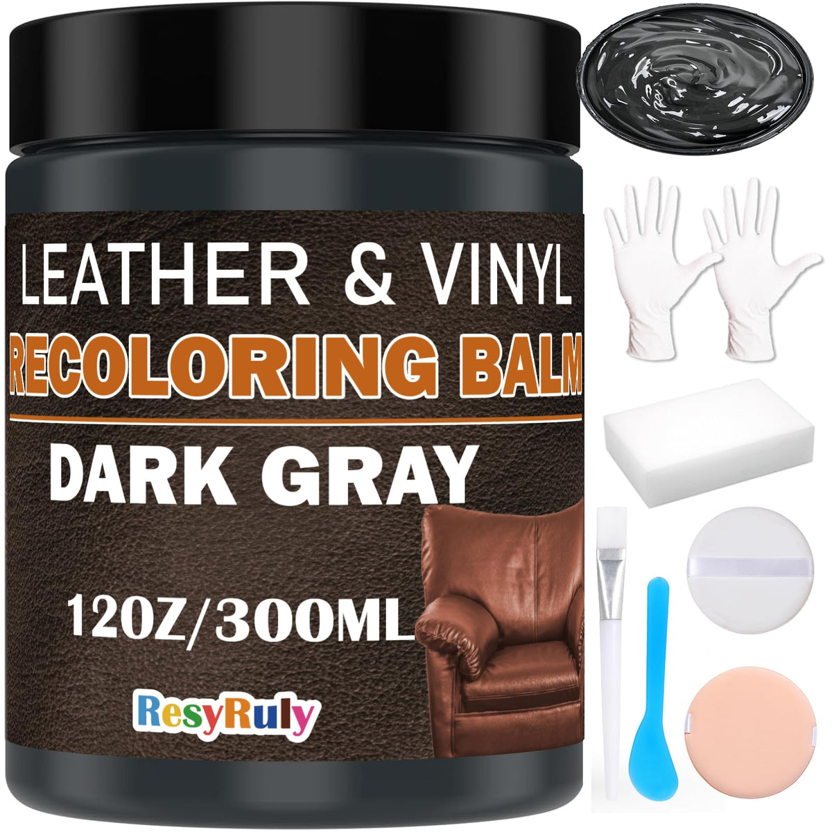 Resyruly dark-gray dye balm application on leather seat for quick-dry color restoration.