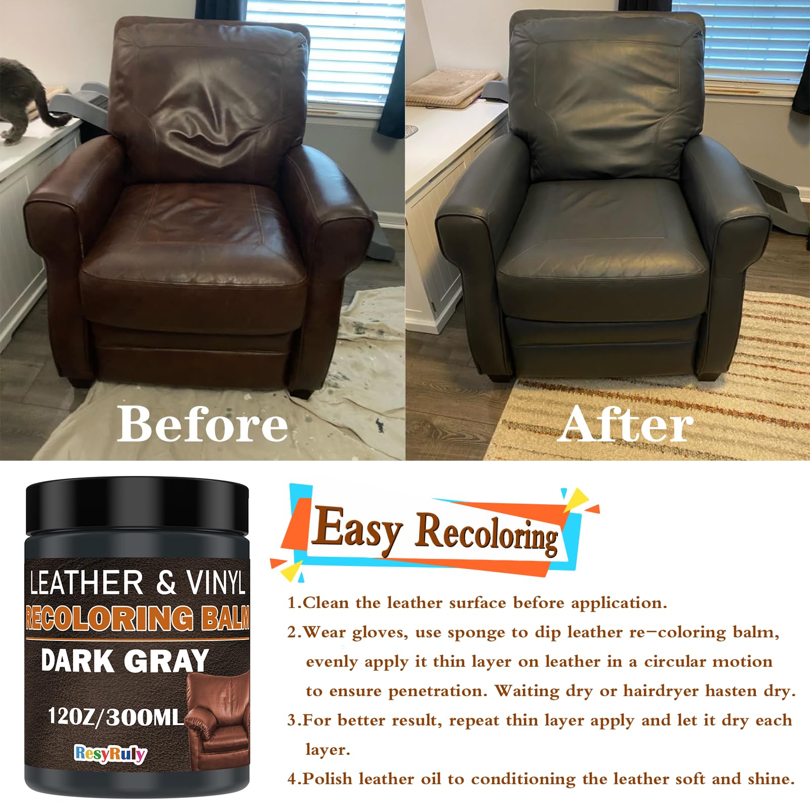 Resyruly balm brightens leather seat with even color on a car interior.