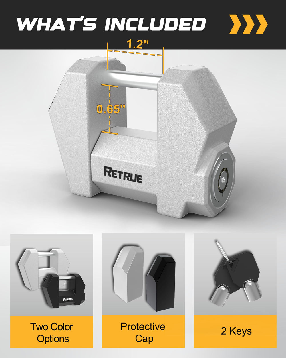 RETRUE Cyber Lock showing extra-wide 1.2-inch span for universal fit.
