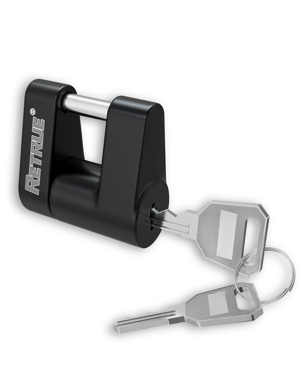 RETRUE front view of coupler lock showing secure padlock-style body for protection