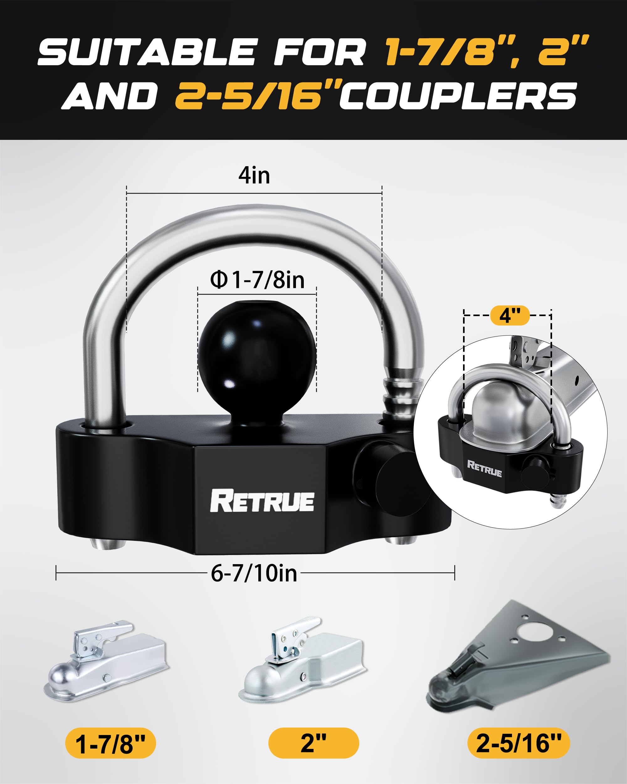 RETRUE hitch receiver lock with 1/2-inch pin and 2-3/4-inch length for versatile use.