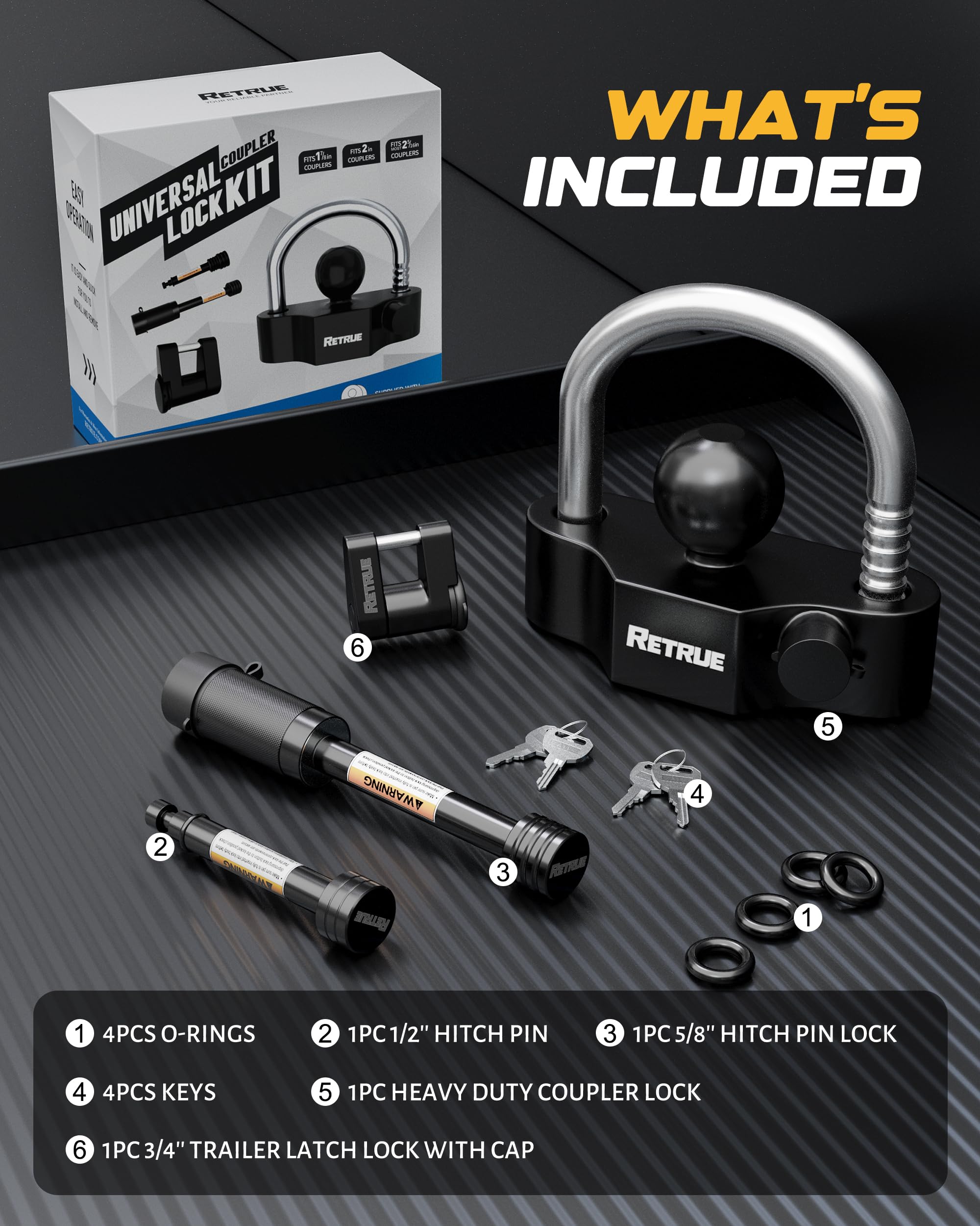 RETRUE hitch receiver lock with 5/8-inch pin and 3-1/2-inch length for secure mounting.