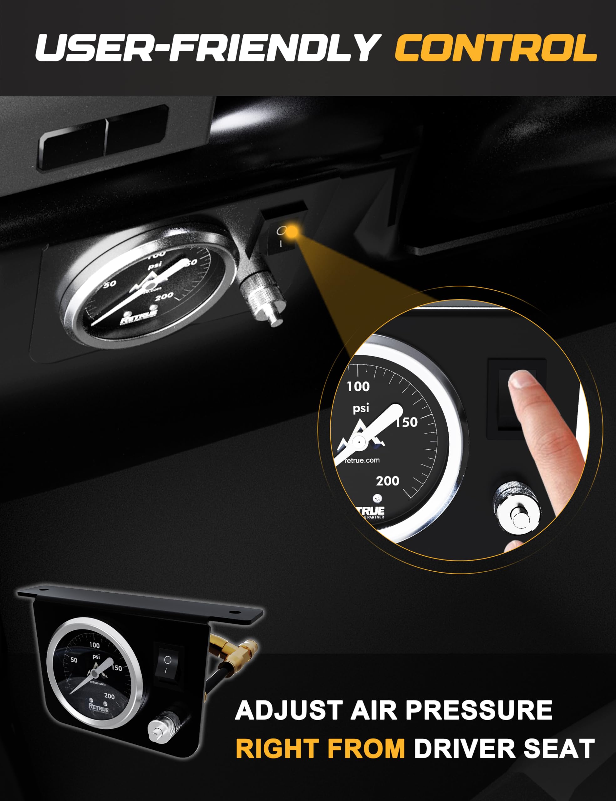 Retrue in-cab control panel in use to adjust air pressure from the driver's seat