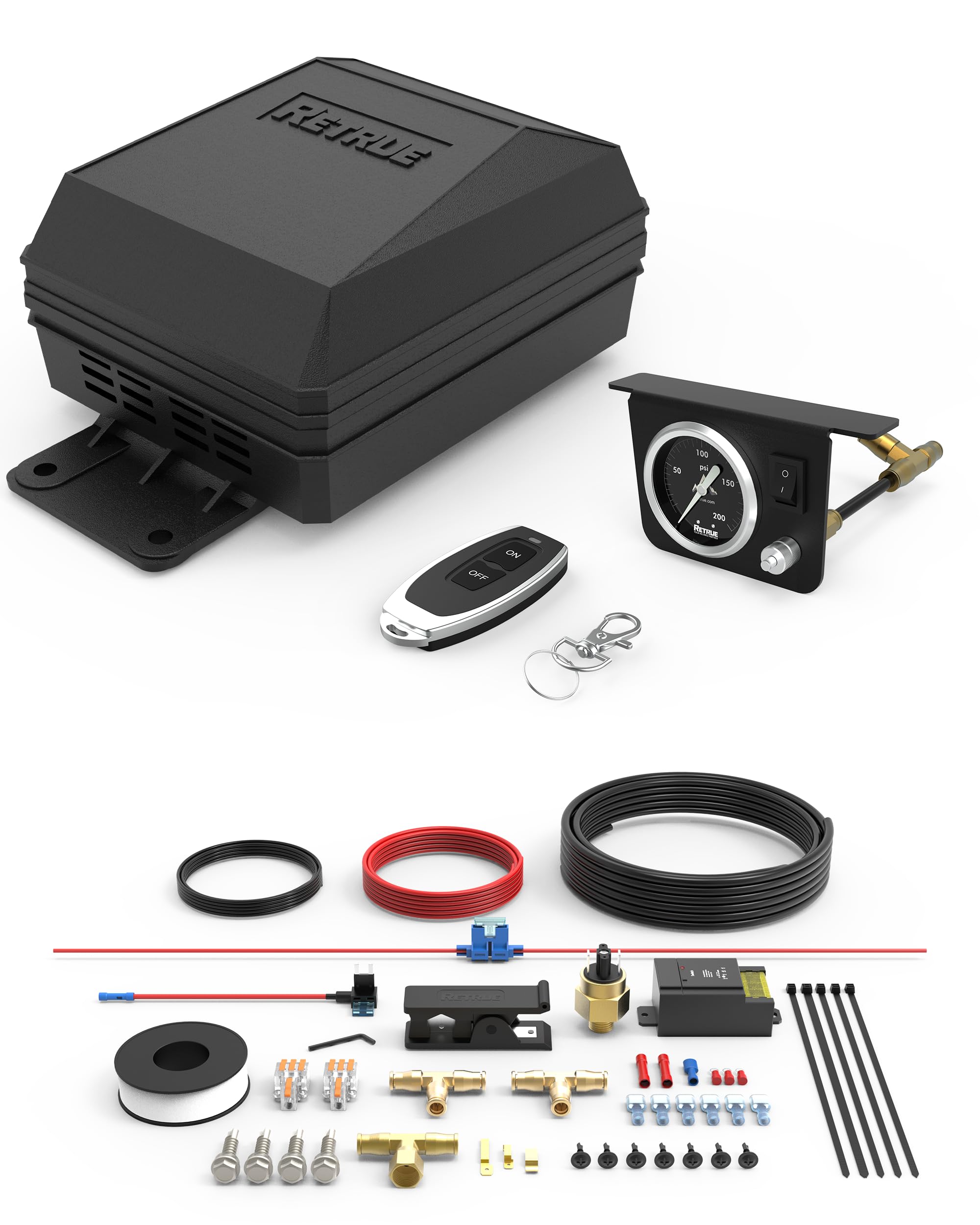 RETRUE onboard air compressor kit front view for universal truck airbag suspension.