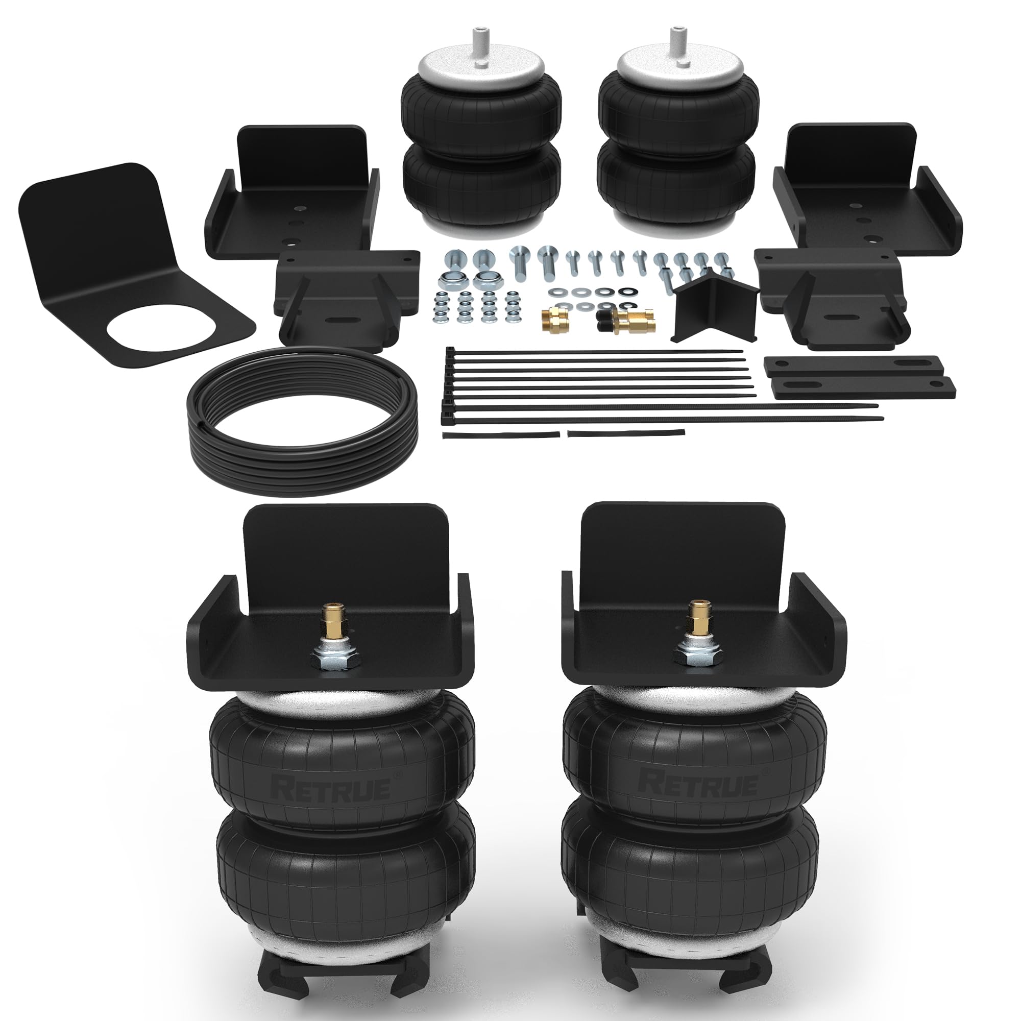RETRUE rear air bags suspension kit mounted on a Silverado/Sierra for load leveling.