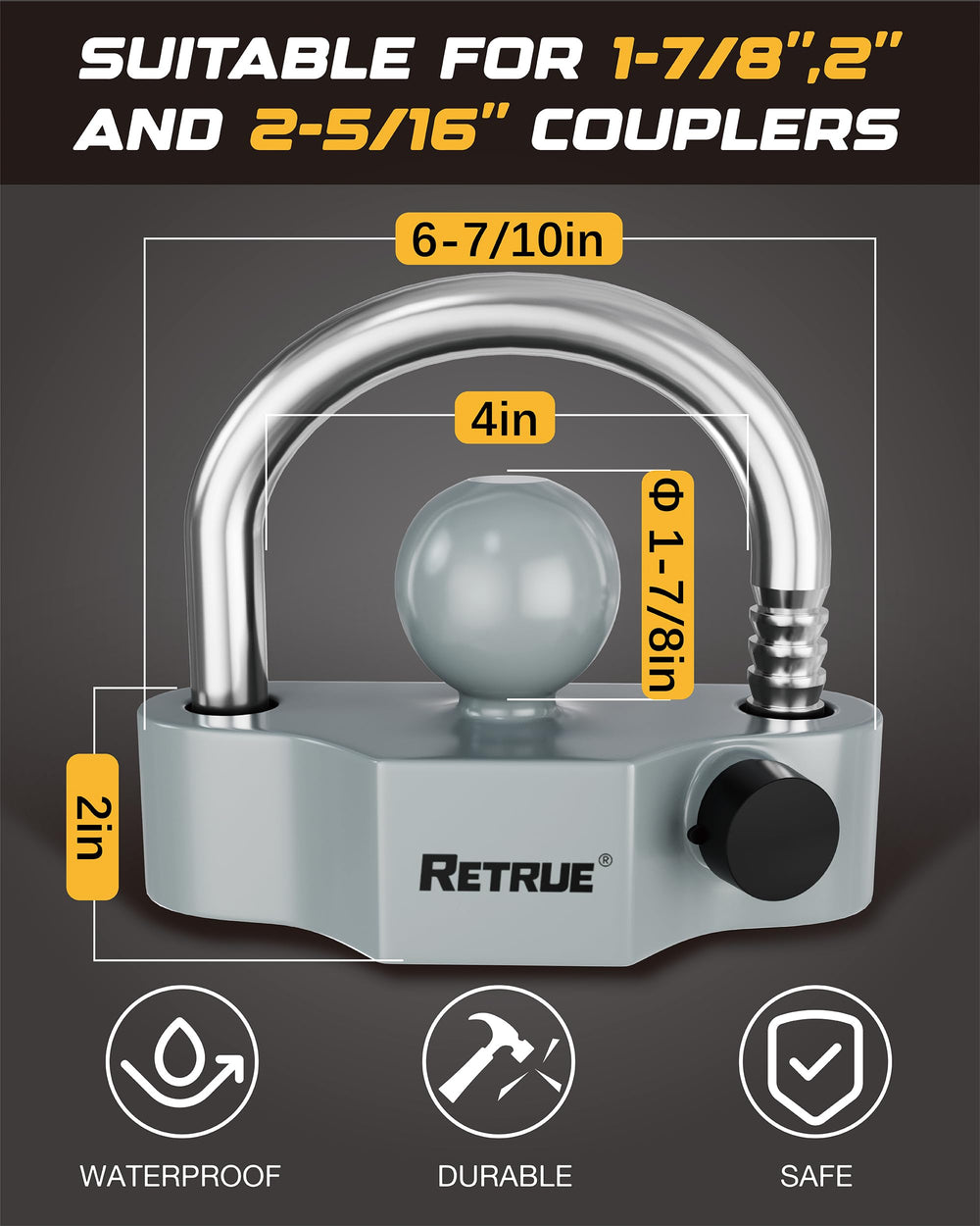 RETRUE trailer hitch lock showcasing aluminum body and steel mechanism