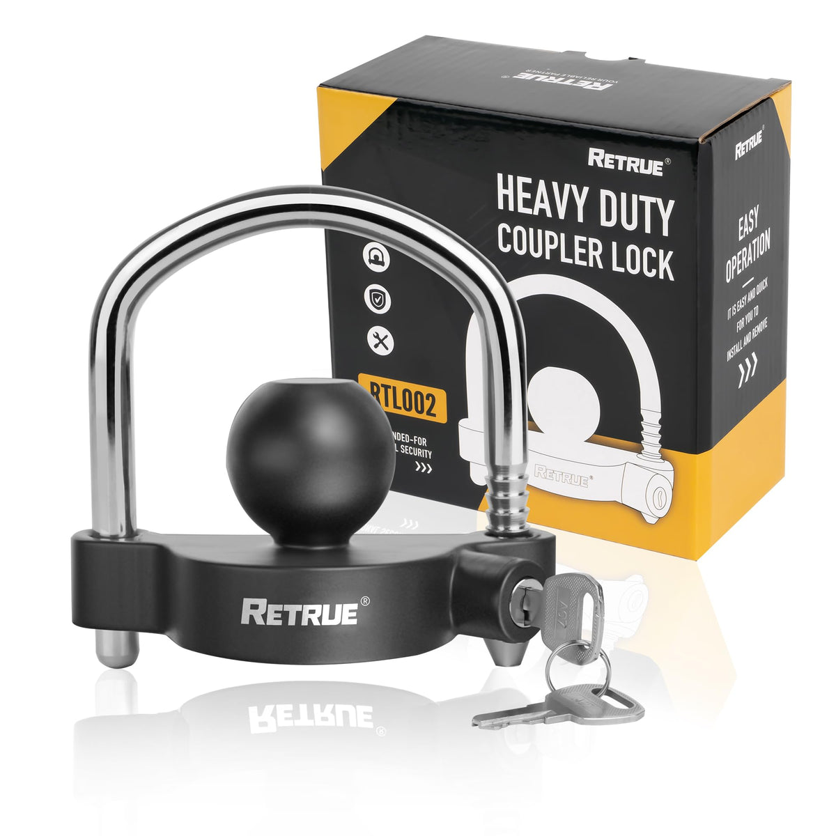 RETRUE universal coupler lock front view with bright yellow visibility enhances trailer security