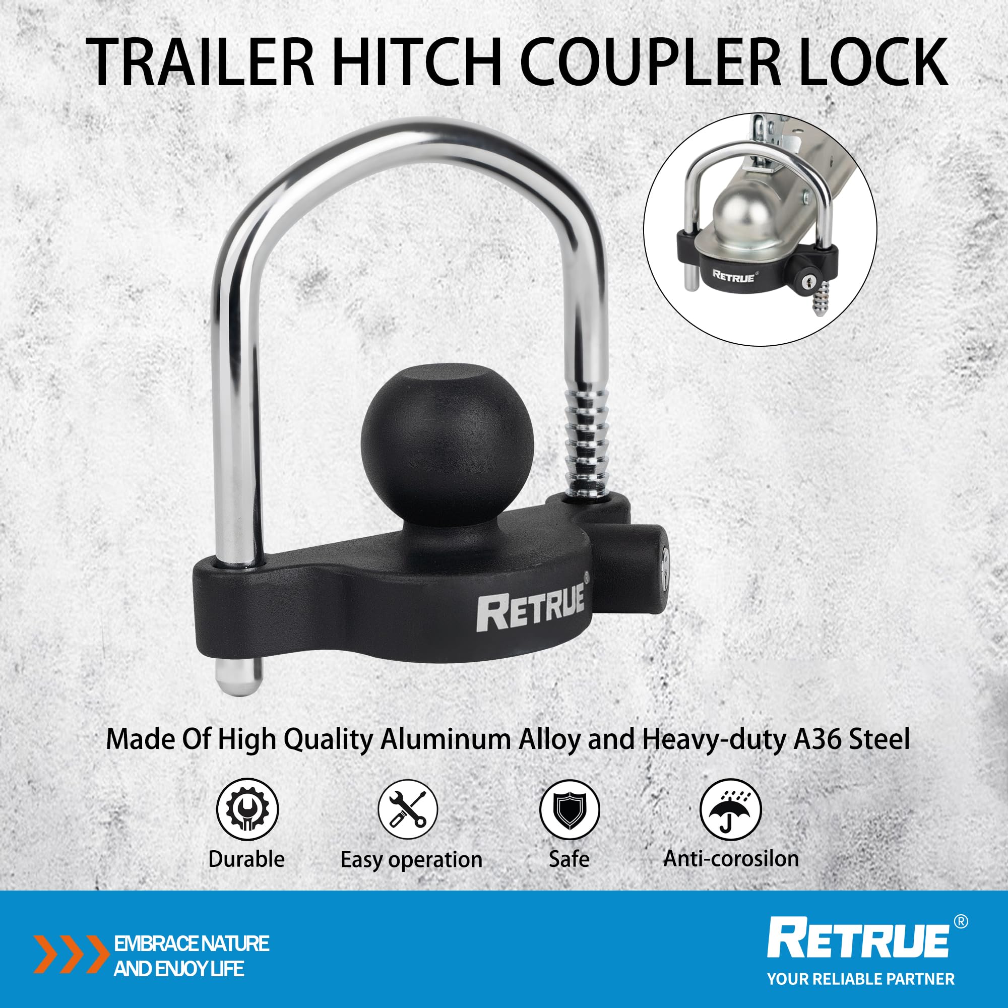 RETRUE universal coupler lock side view shows adjustable fit across multiple sizes