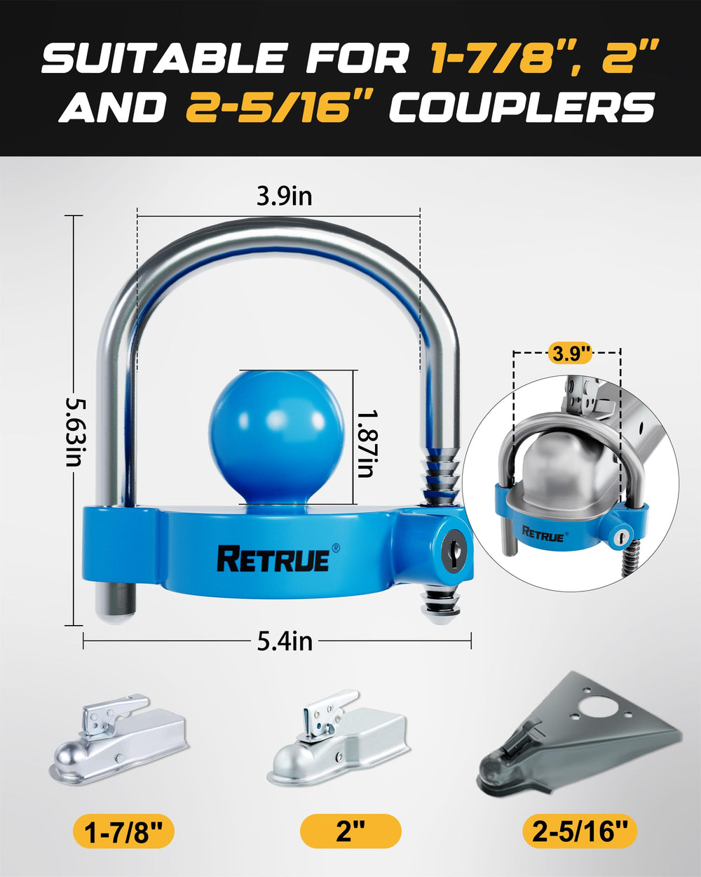 RETRUE universal coupler lock close-up for reliable coupling security.