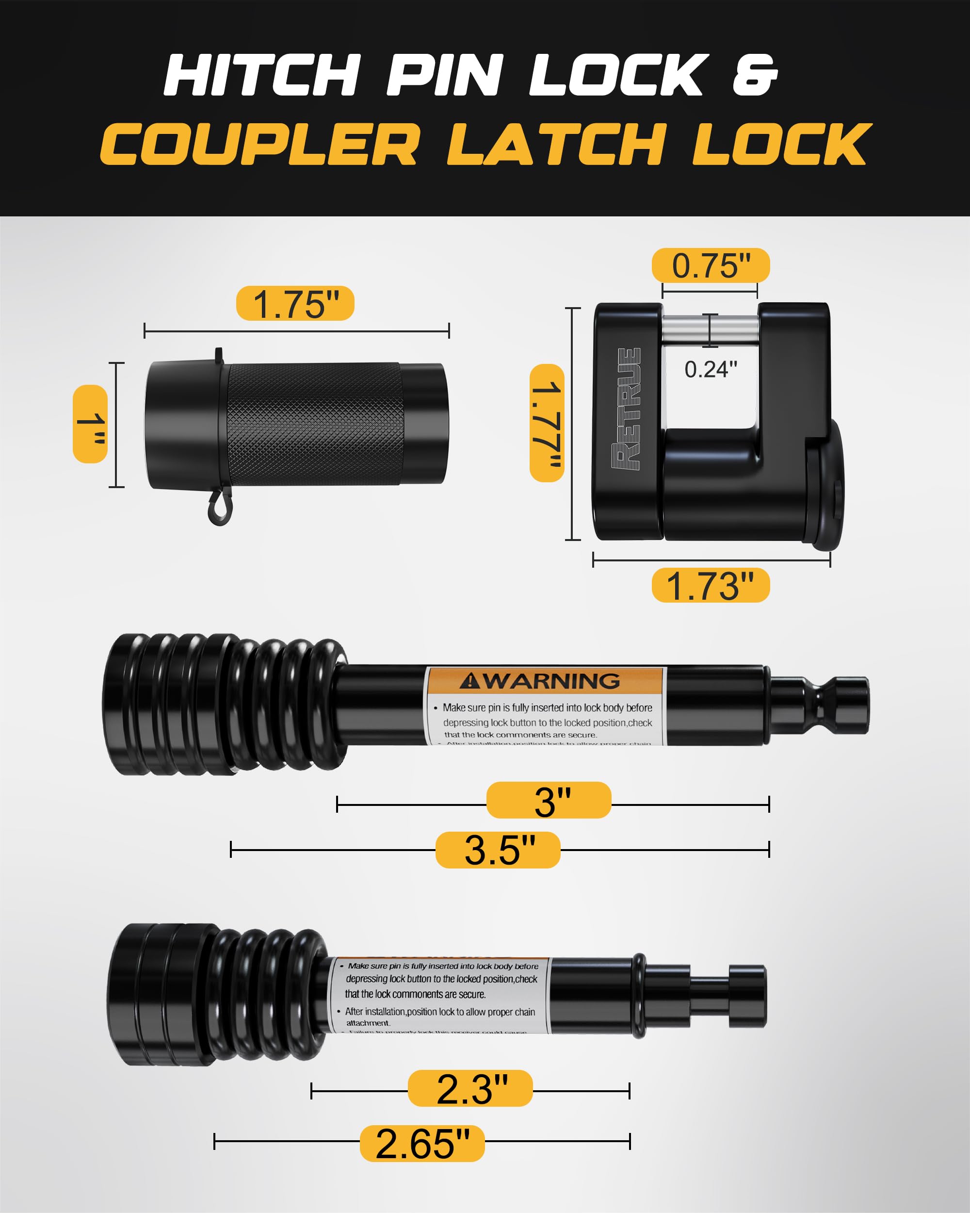 RETRUE universal coupler tongue lock featuring a 1/4-inch pin for latch-type couplers.