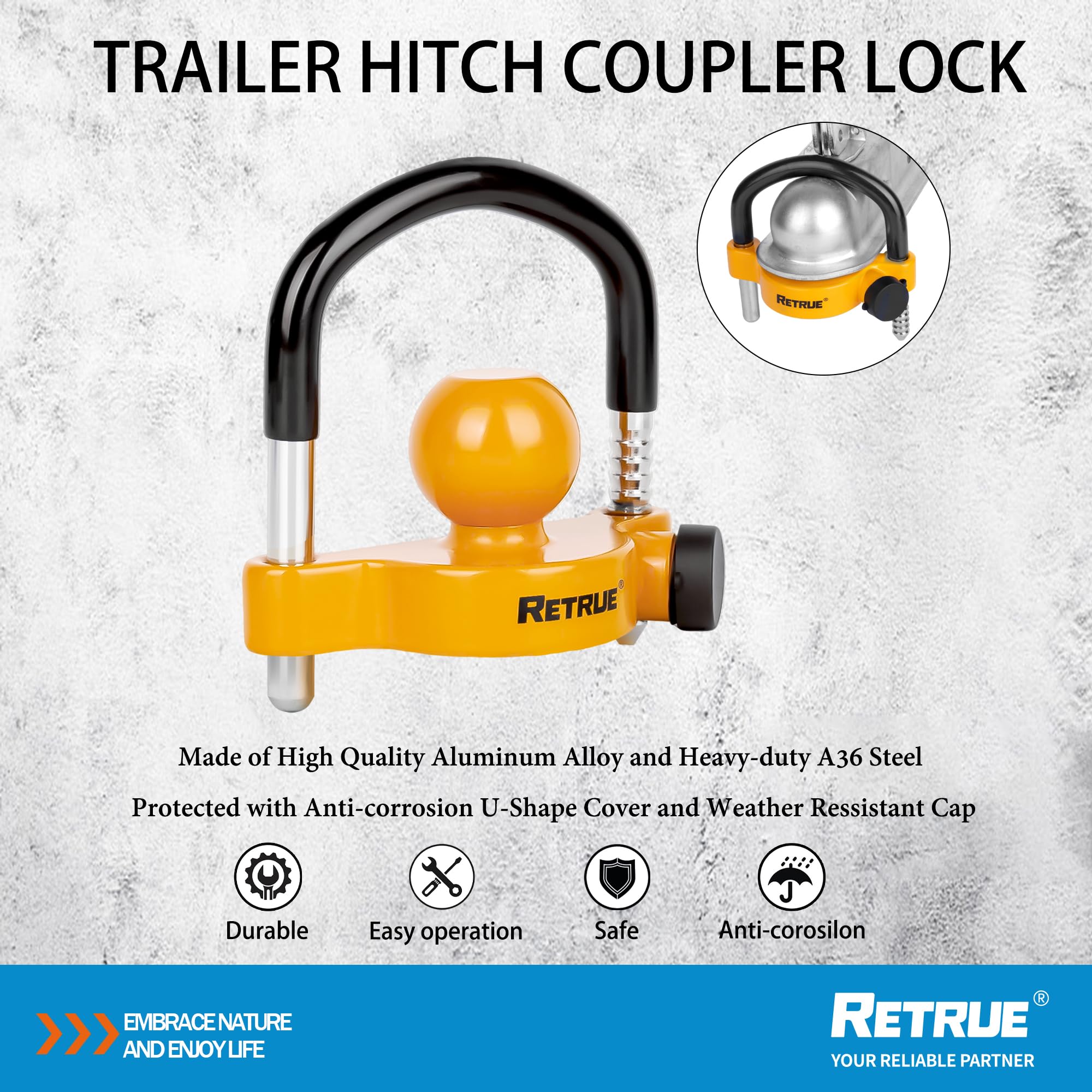 RETRUE universal trailer lock on coupler showing 2 in compatibility