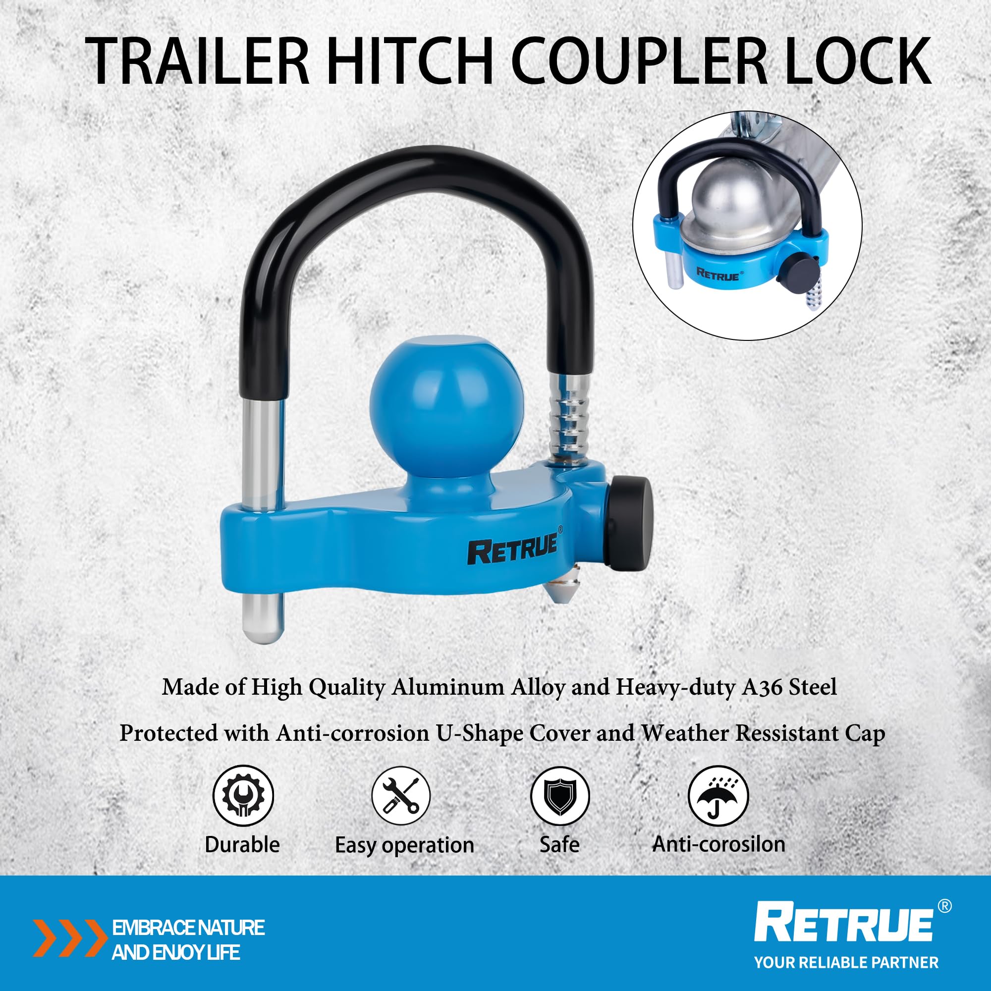 RETRUE universal trailer lock fits 2 inch coupler with adjustable sizing