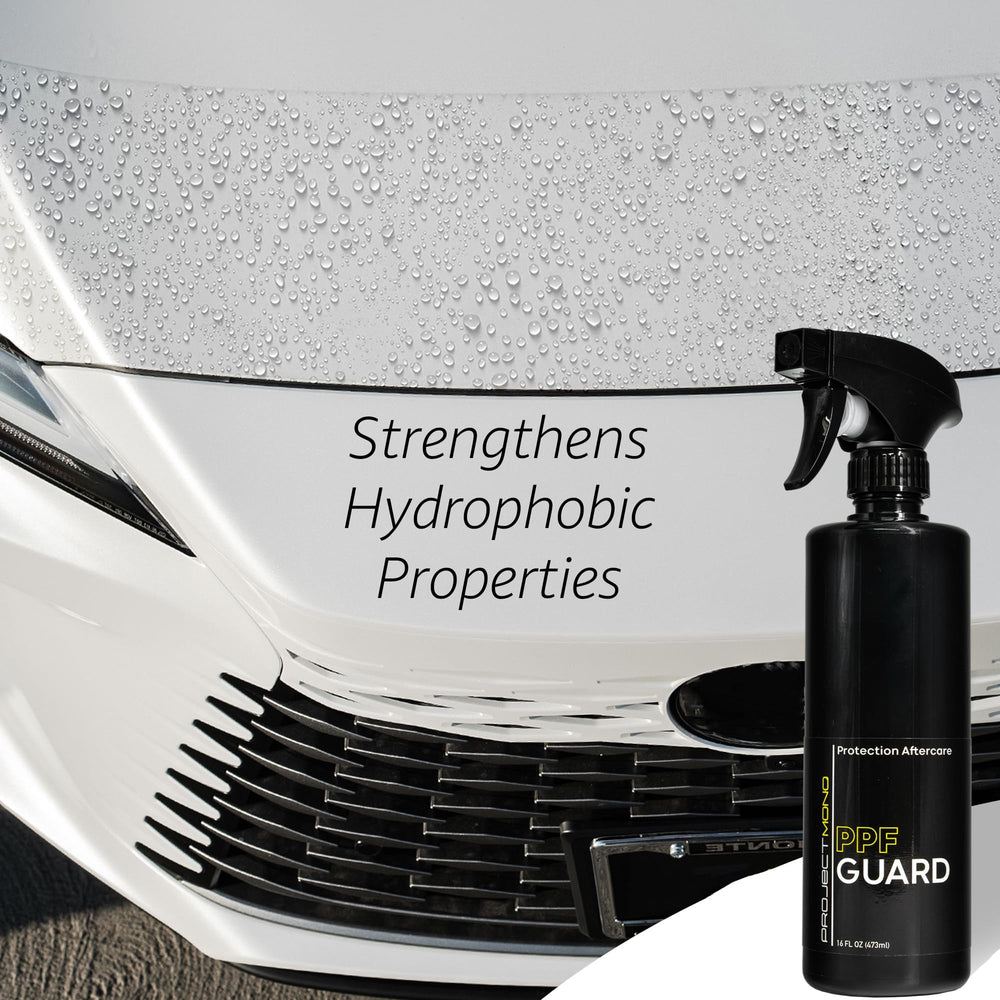 Rev Auto Project Mono PPF Guard water-beading on film signifies improved hydrophobic performance