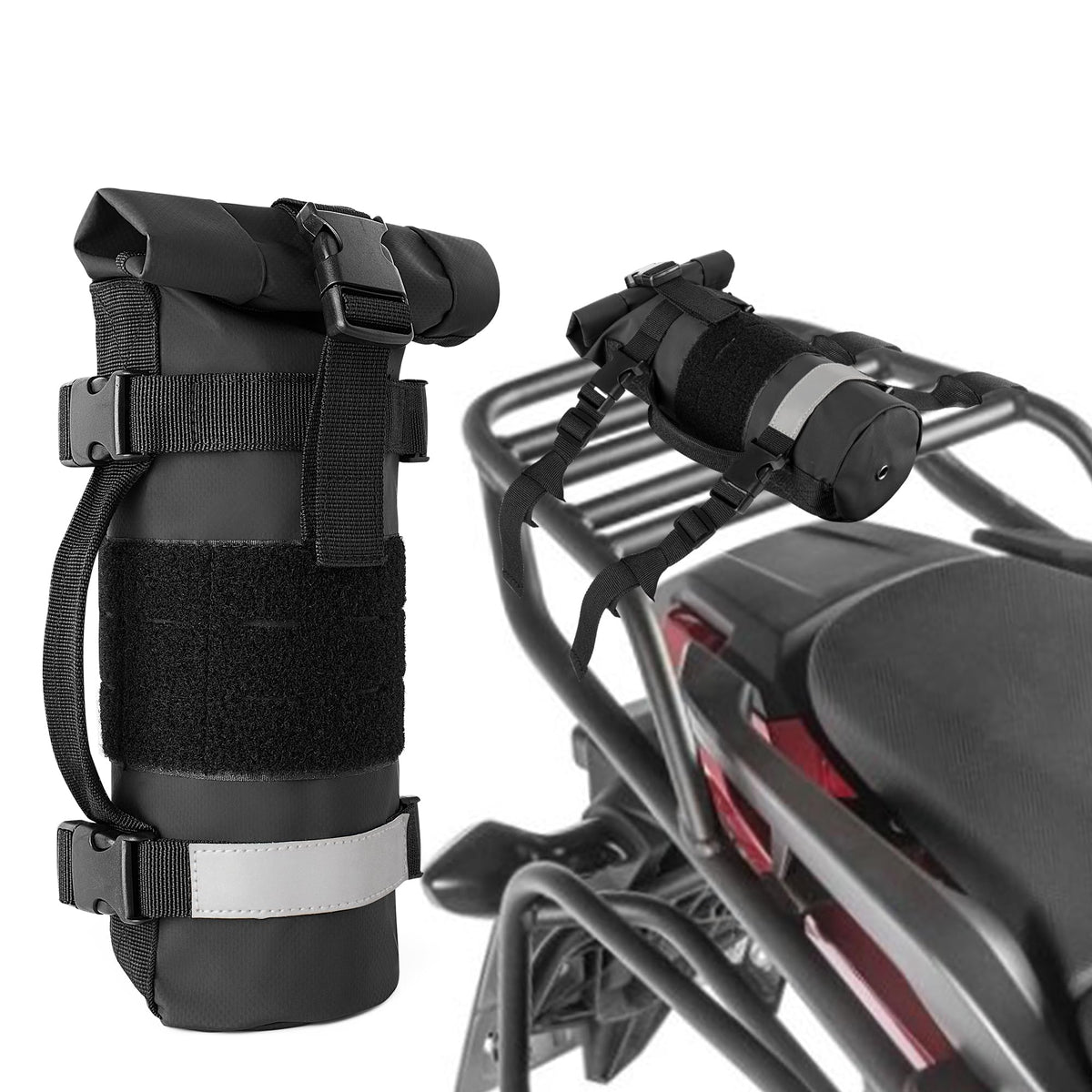 Rexmica fuel bottle holder mounted on motorcycle for quick fuel access