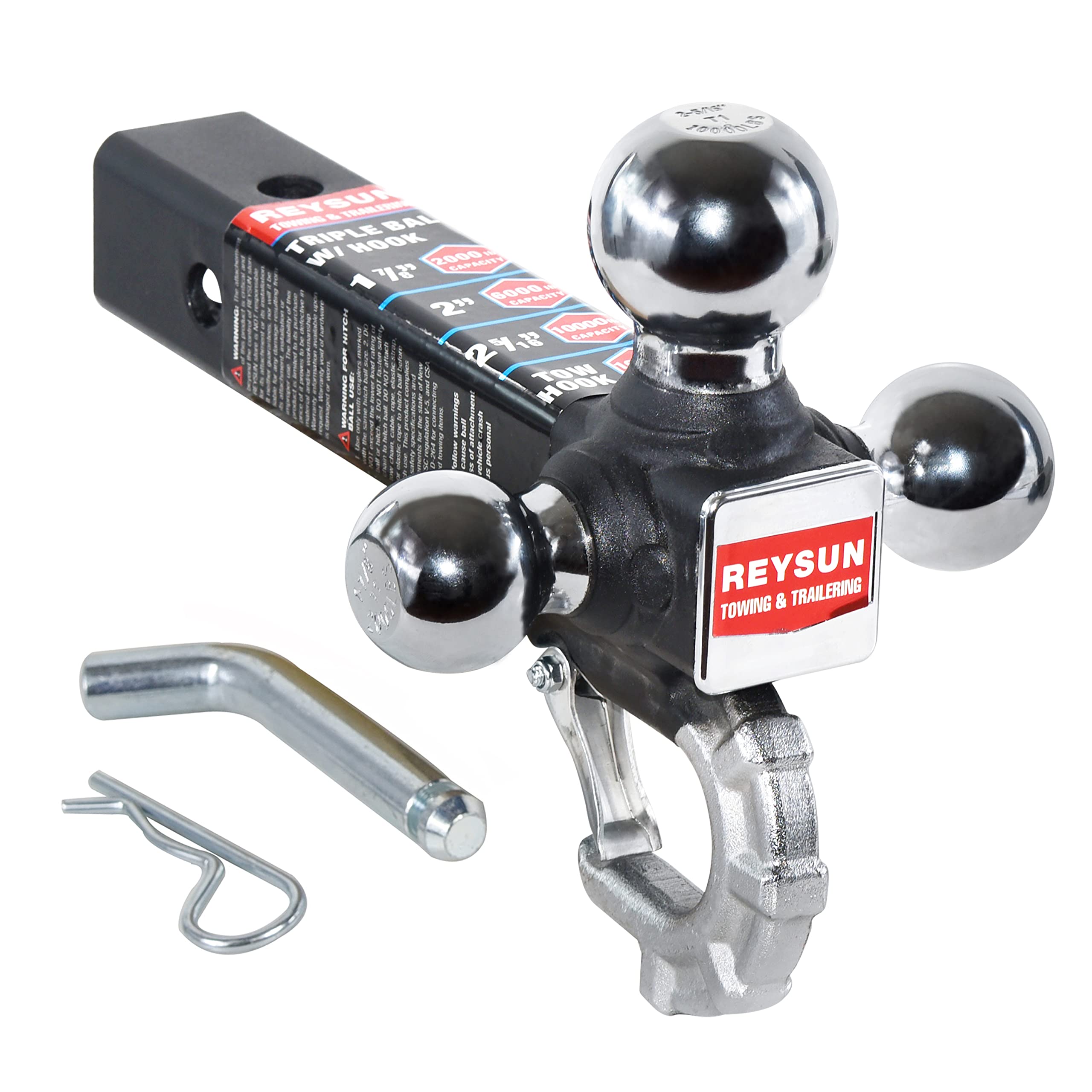 REYSUN chrome tri-ball hitch closeup highlights durable finish.