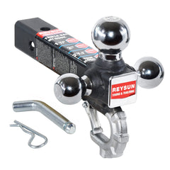 REYSUN chrome tri-ball hitch closeup highlights durable finish.