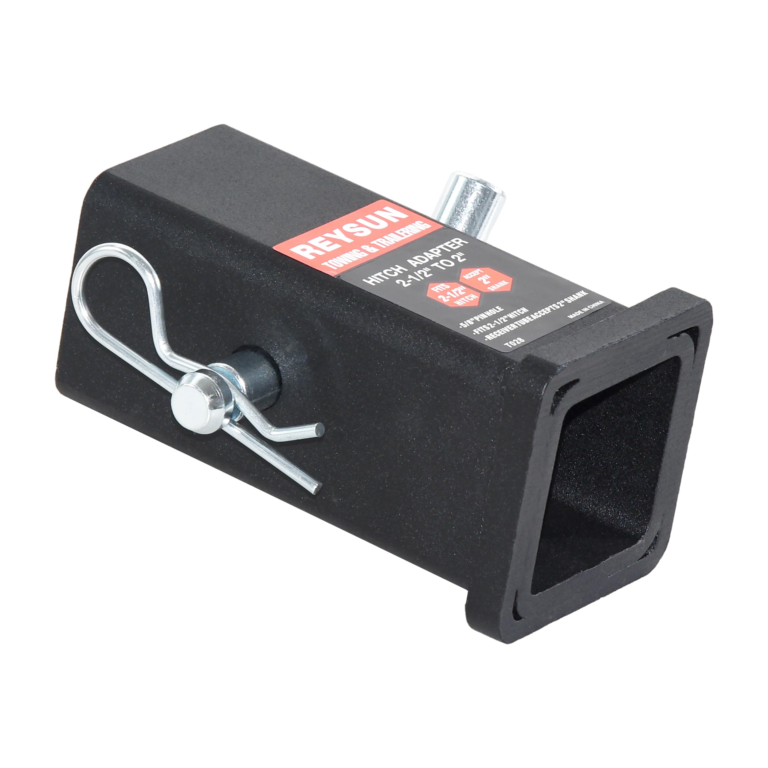 REYSUN hitch reducer sleeve in matte black finish highlighting sturdy steel construction.