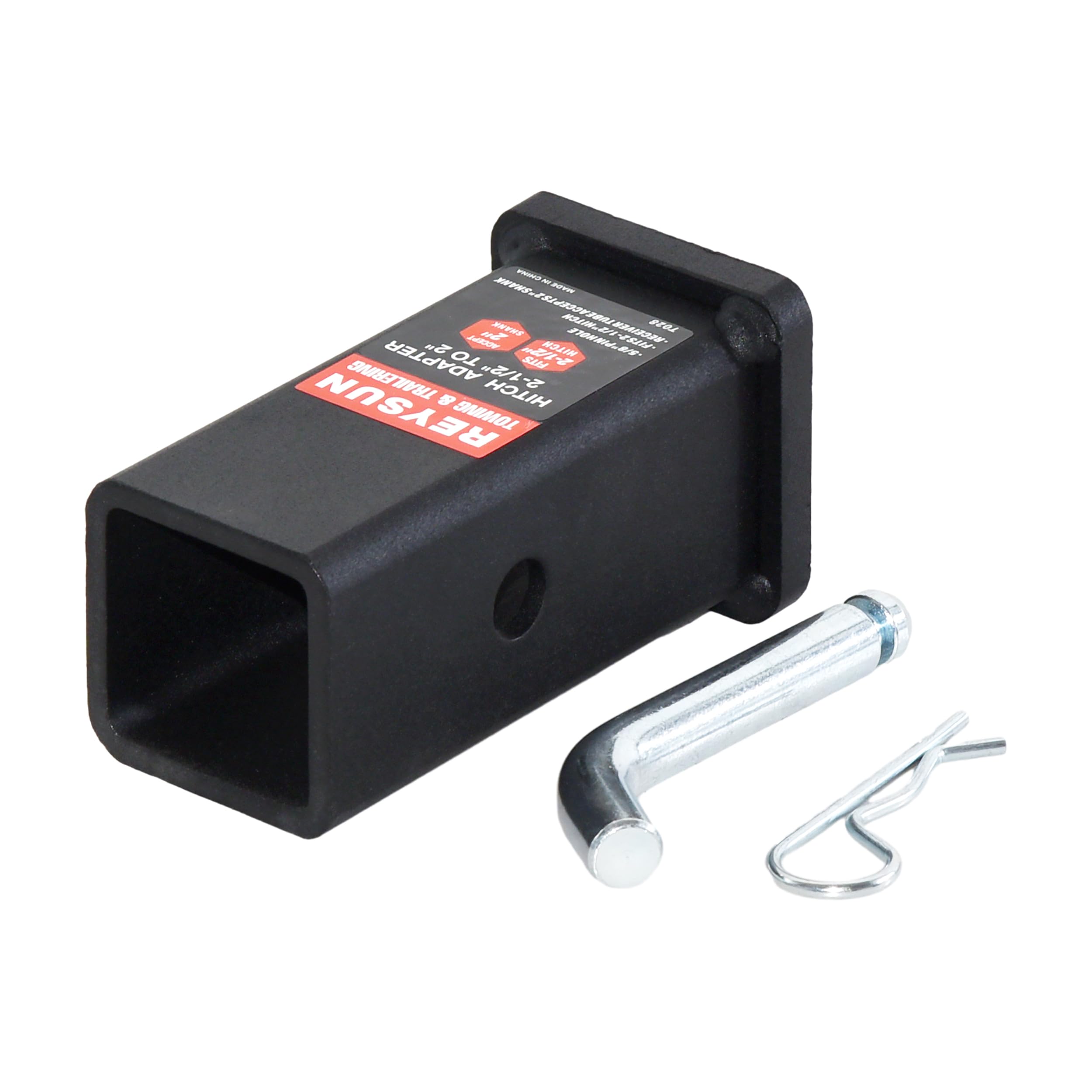 REYSUN packaging displays complete hitch reducer kit with pin and clip included.