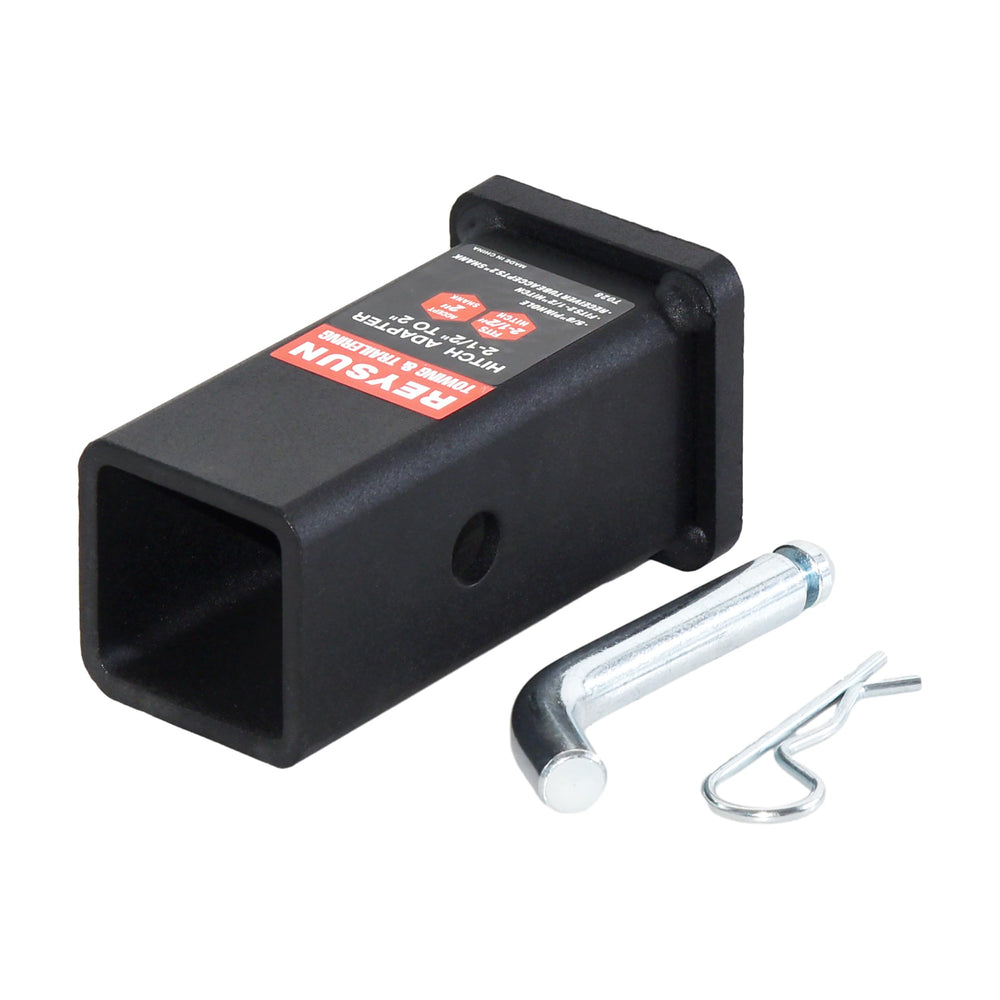 REYSUN packaging displays complete hitch reducer kit with pin and clip included.