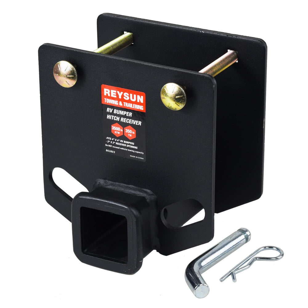 REYSUN 863803 bumper hitch adapter creates a 2-inch receiver for accessories.