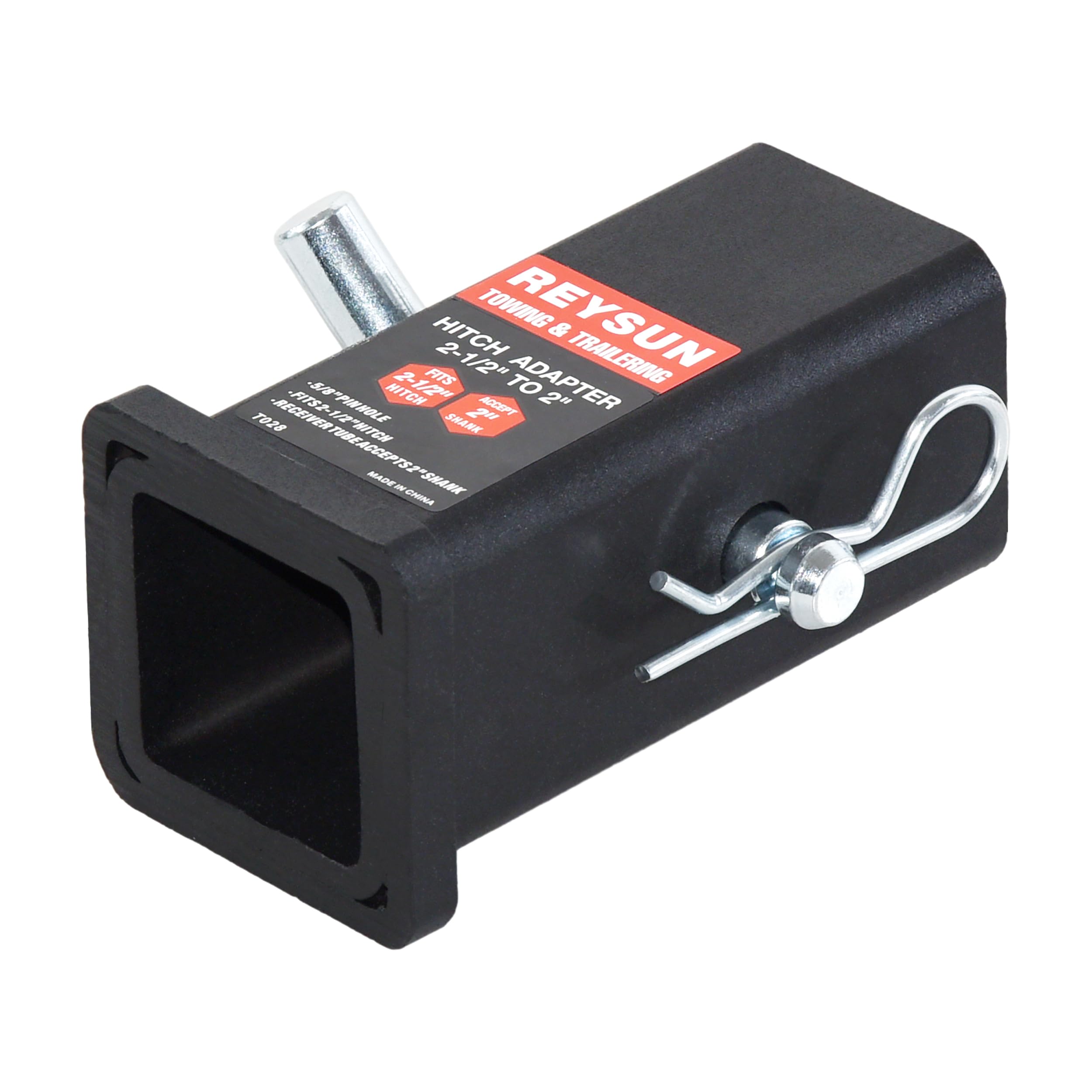 REYSUN trailer hitch reducer sleeve showing 2.5 to 2 inch transition with quick-fit lip for easy alignment.