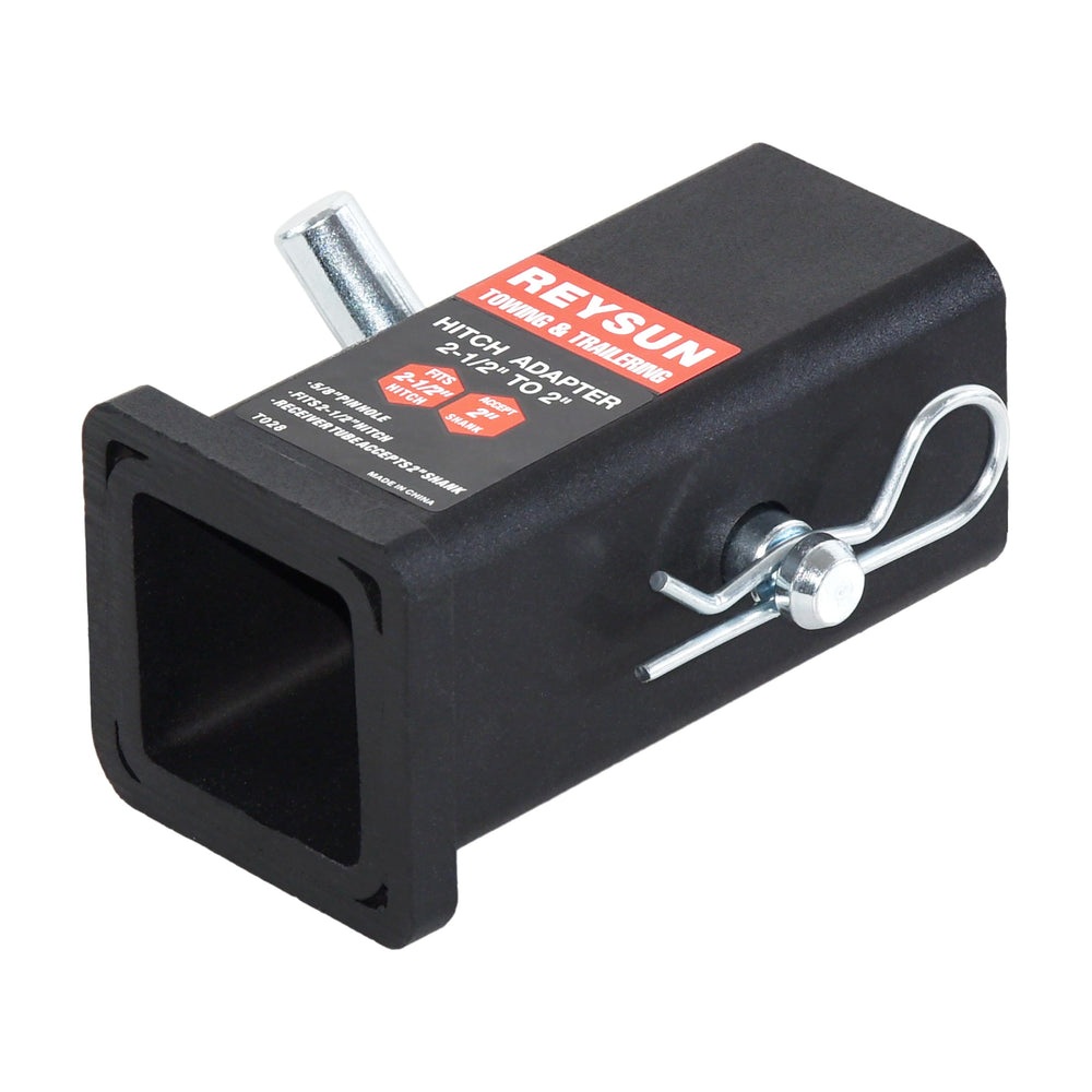 REYSUN trailer hitch reducer sleeve showing 2.5 to 2 inch transition with quick-fit lip for easy alignment.