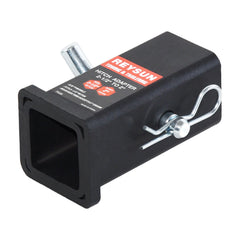 REYSUN trailer hitch reducer sleeve showing 2.5 to 2 inch transition with quick-fit lip for easy alignment.