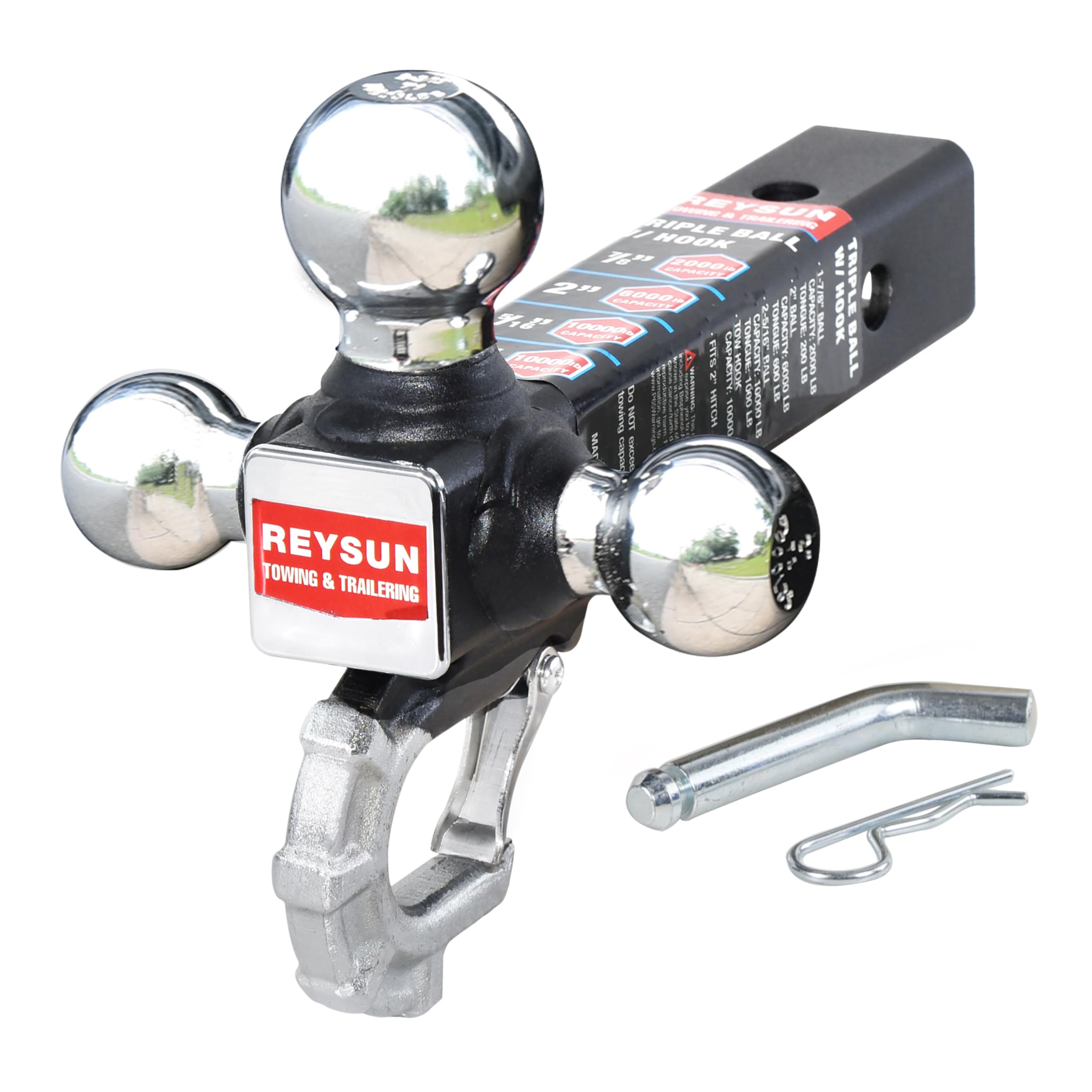 REYSUN tri-ball hitch assembly shows rugged forged design for versatile towing.