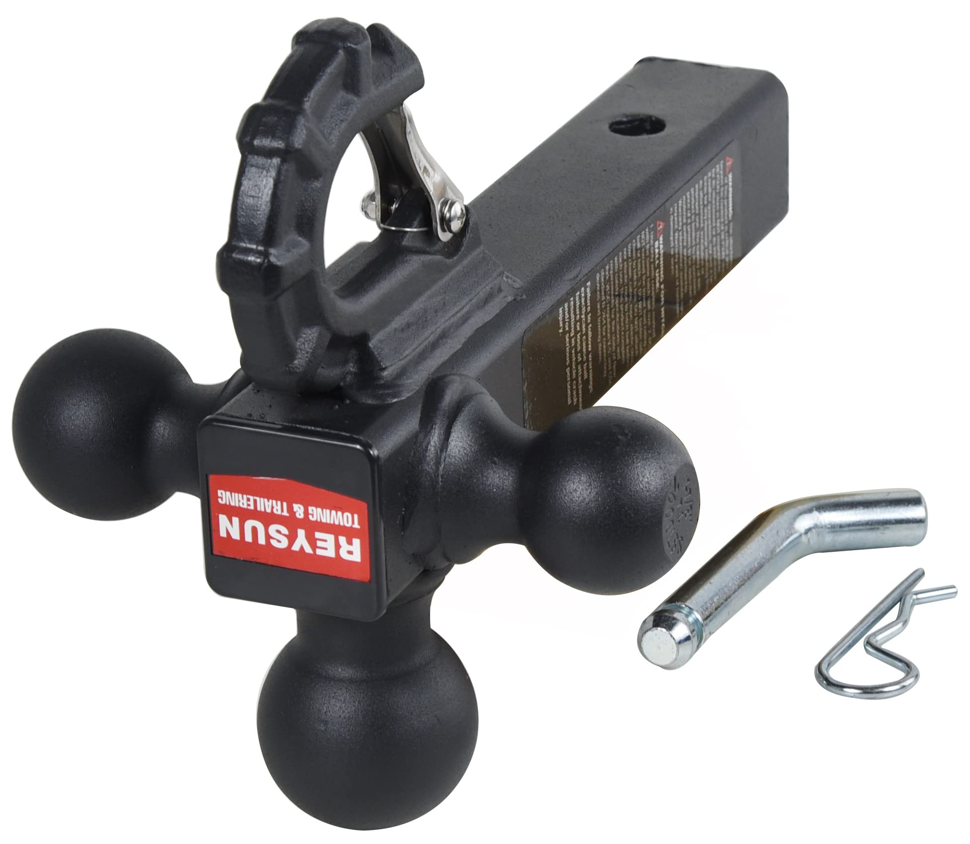 REYSUN tri-ball hitch hook engaged showing self-locking mechanism.
