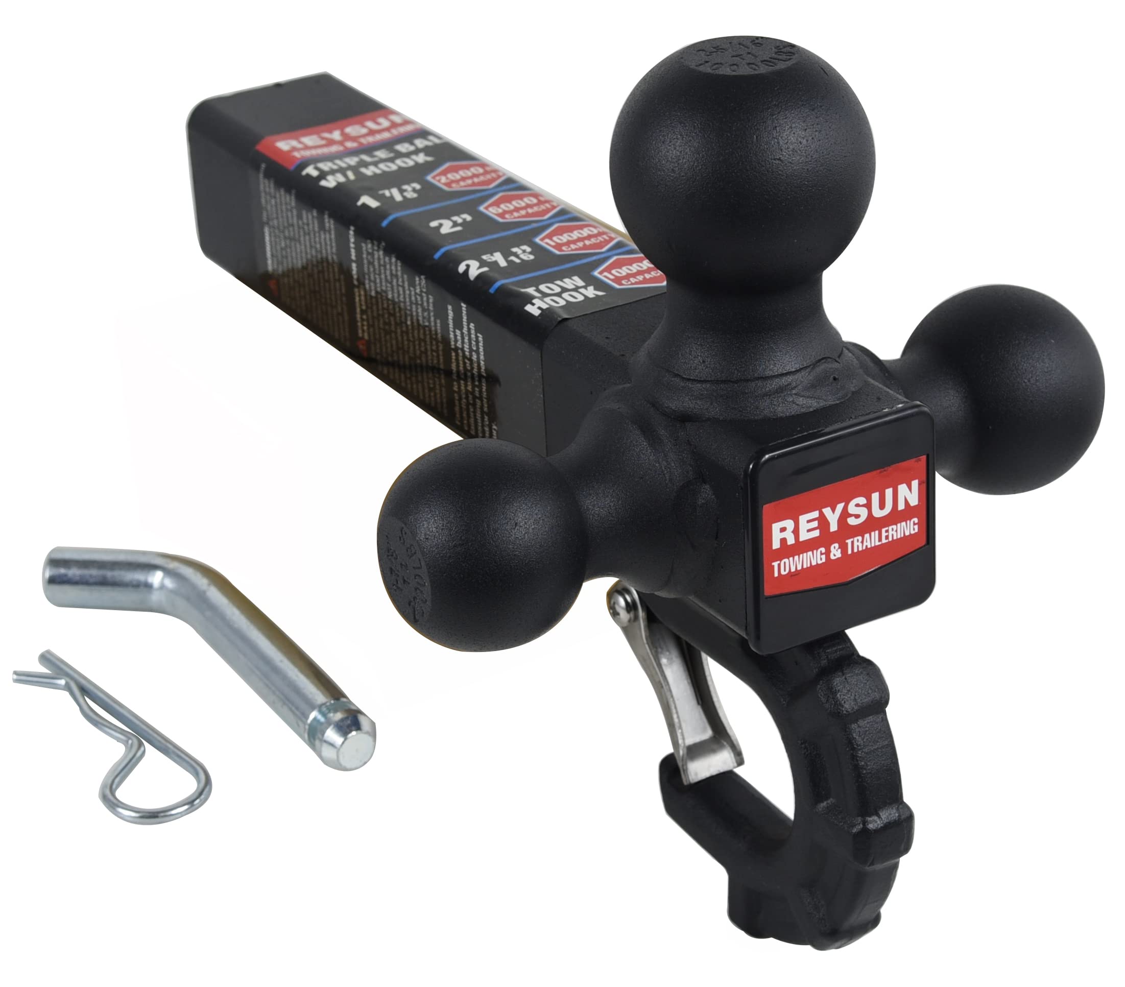 REYSUN tri-ball hitch side view in matte black for heavy-duty towing.