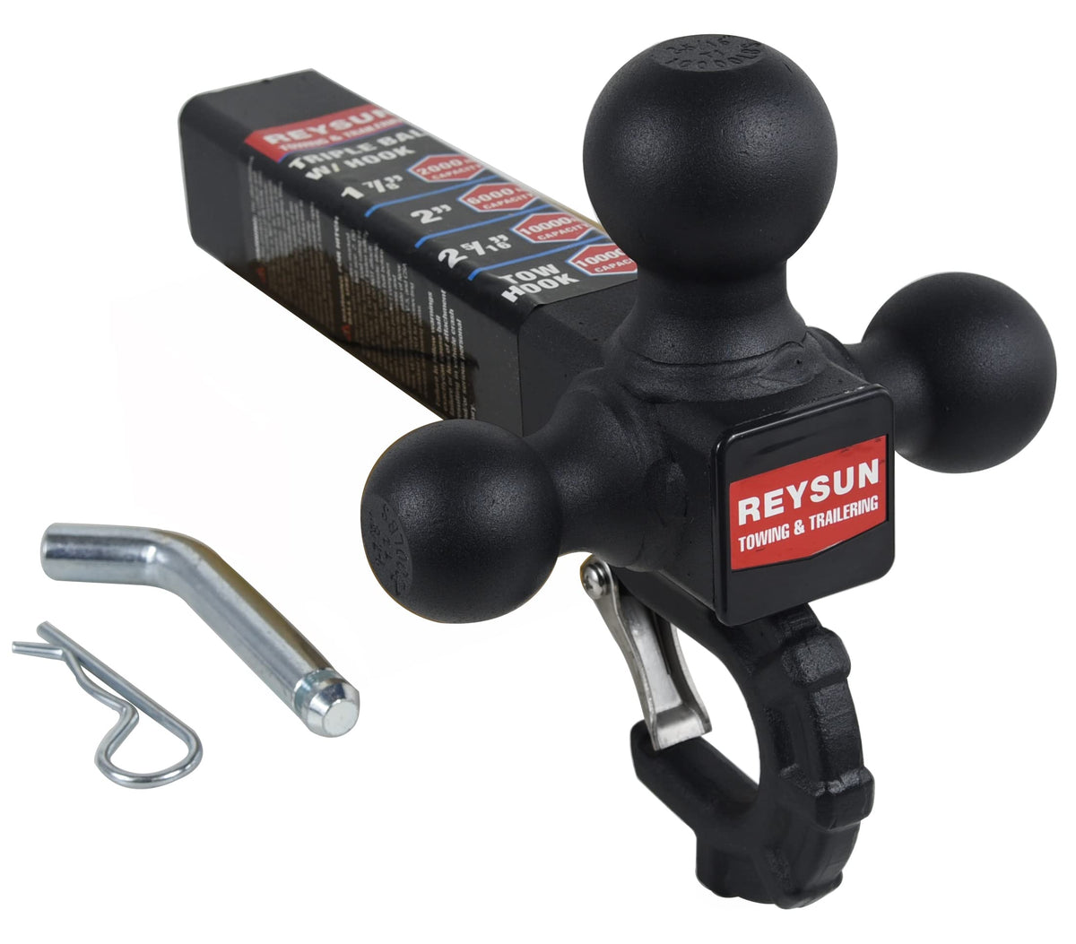 REYSUN tri-ball hitch side view in matte black for heavy-duty towing.