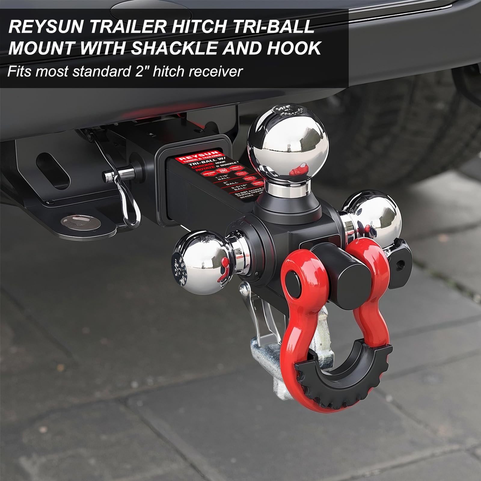 REYSUN chrome trailer balls highlight durability across sizes.