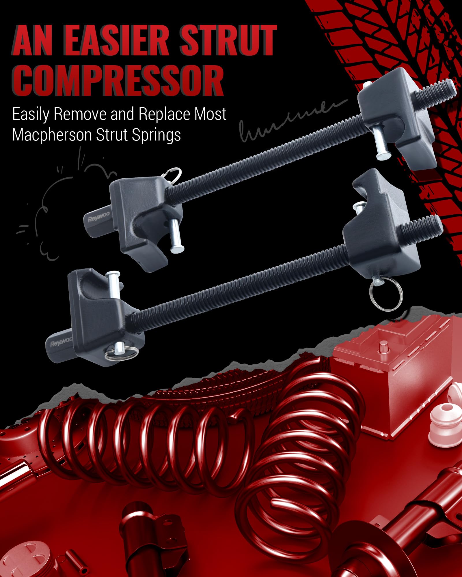 Reywoo strut spring compressor closeup highlights Acme threaded rod.