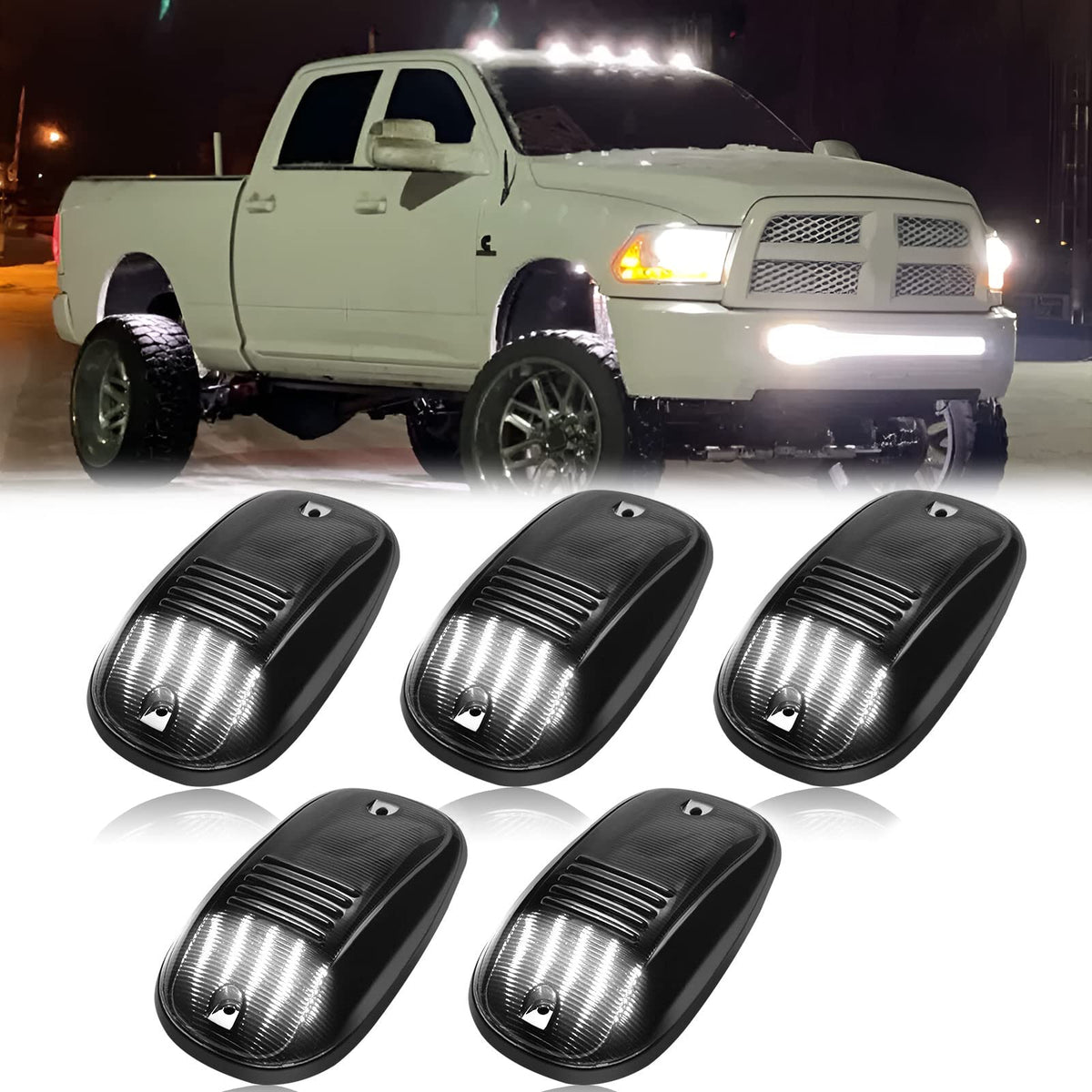 R&F Auto LED cab lights smoked roof marker on Ram truck improve daytime visibility.