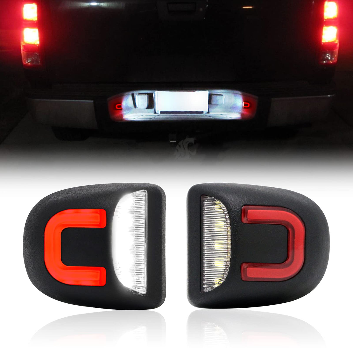 R&F Auto red U-shaped license plate light, broad vehicle compatibility for easy upgrades.