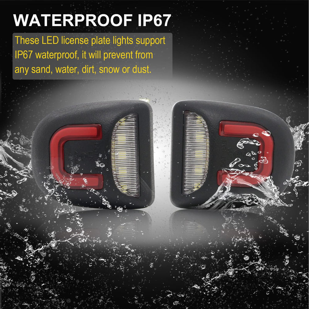 R&F Auto red U-shaped license plate light two-pack for convenient upgrades.