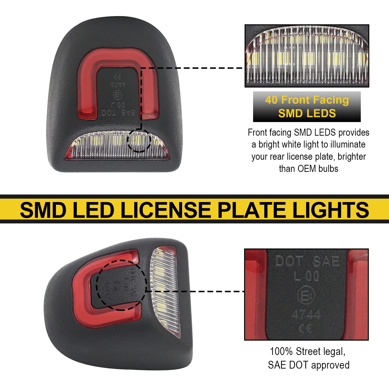 R&F Auto red U-shaped license plate light with plug-and-play installation.