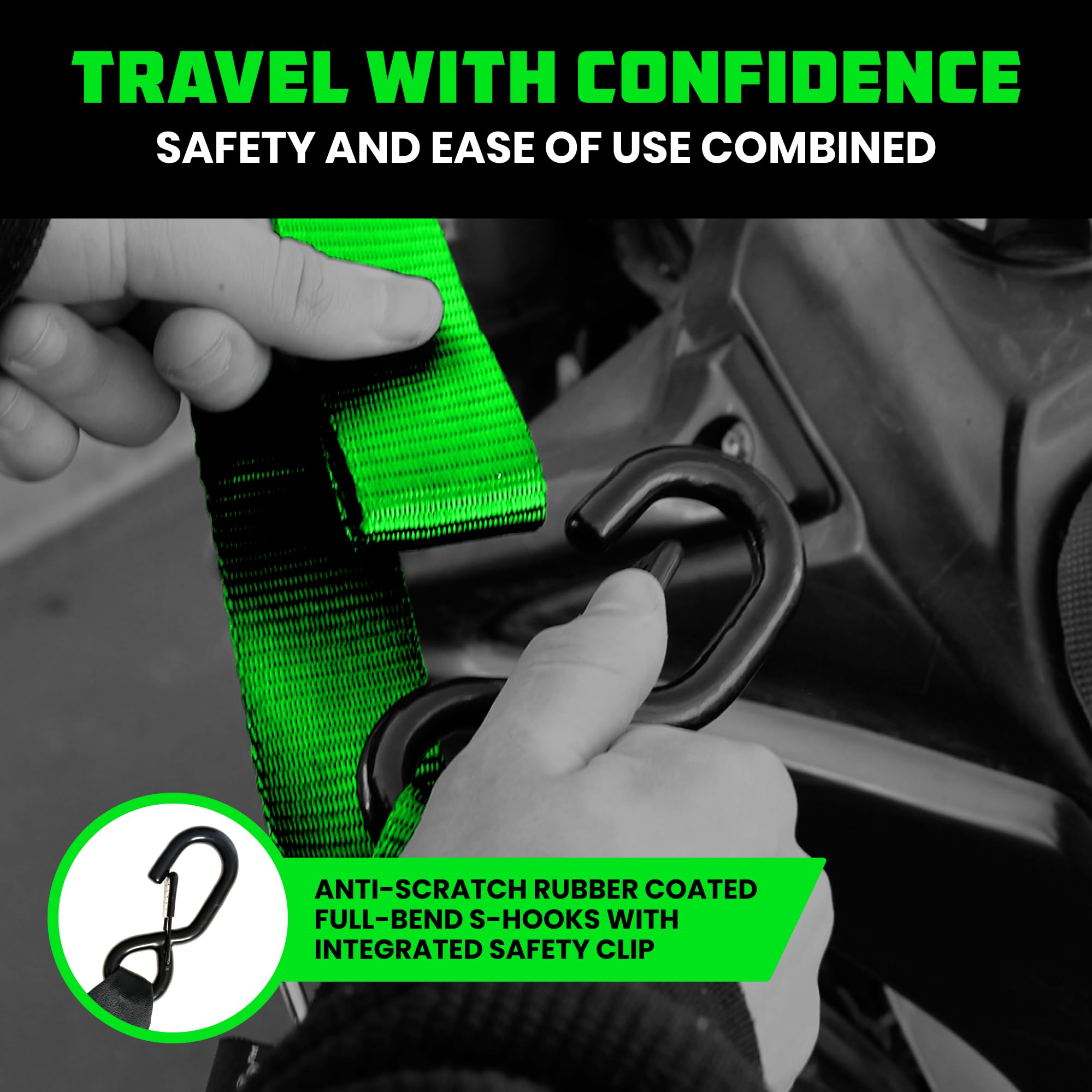 Rhino USA 2,200lb break strength straps, designed for demanding loads on road trips.