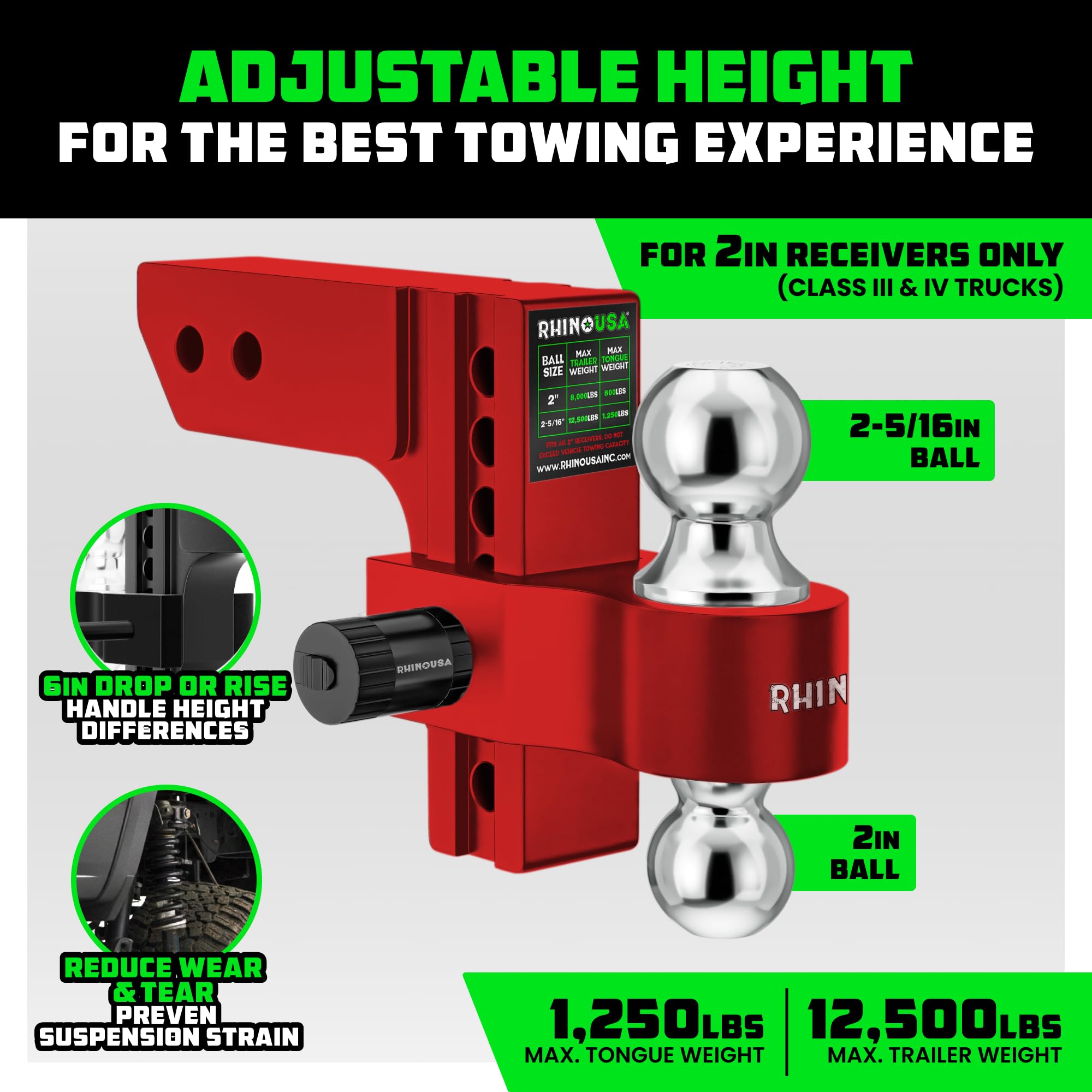 Rhino USA adjustable hitch in a 2 inch receiver showing high GTW capacity.