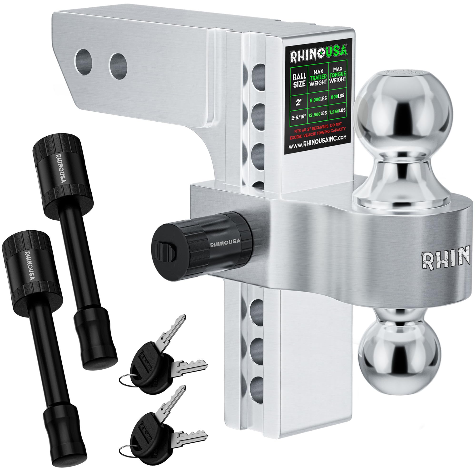 Rhino USA adjustable trailer hitch in 2-inch receiver for versatile towing setups.