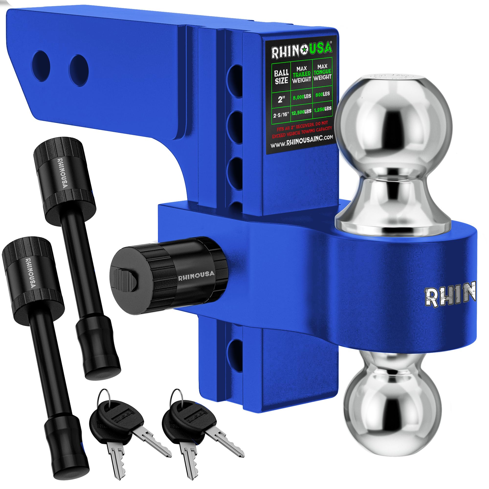 Rhino USA adjustable hitch blue with 6-inch drop for level towing on trucks.