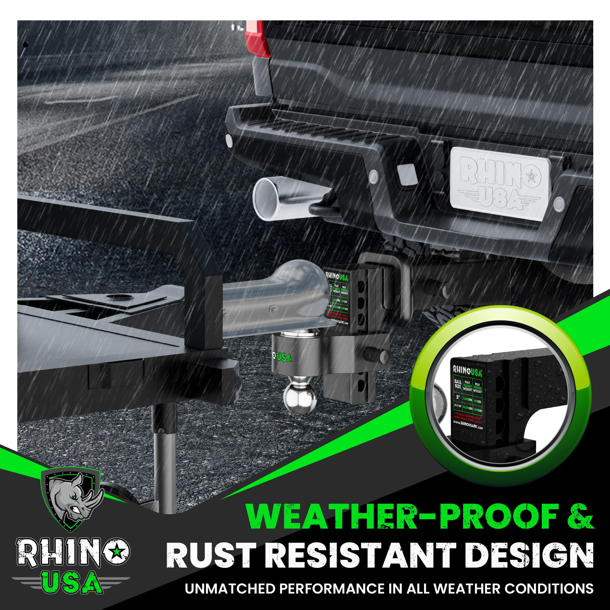 Rhino USA aluminum construction delivers rust resistance and lighter weight for towing.