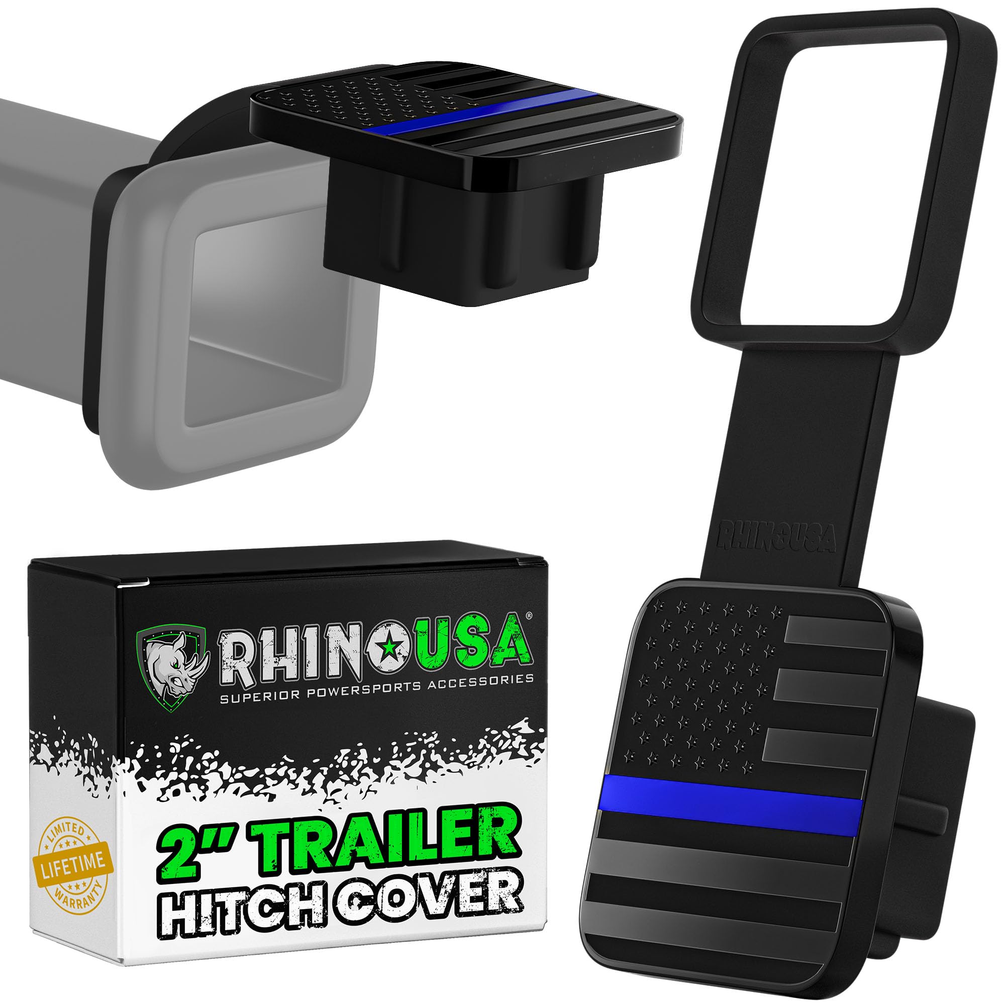 Rhino USA American Flag hitch cover on a 2-inch receiver, adds patriotic style and protection.